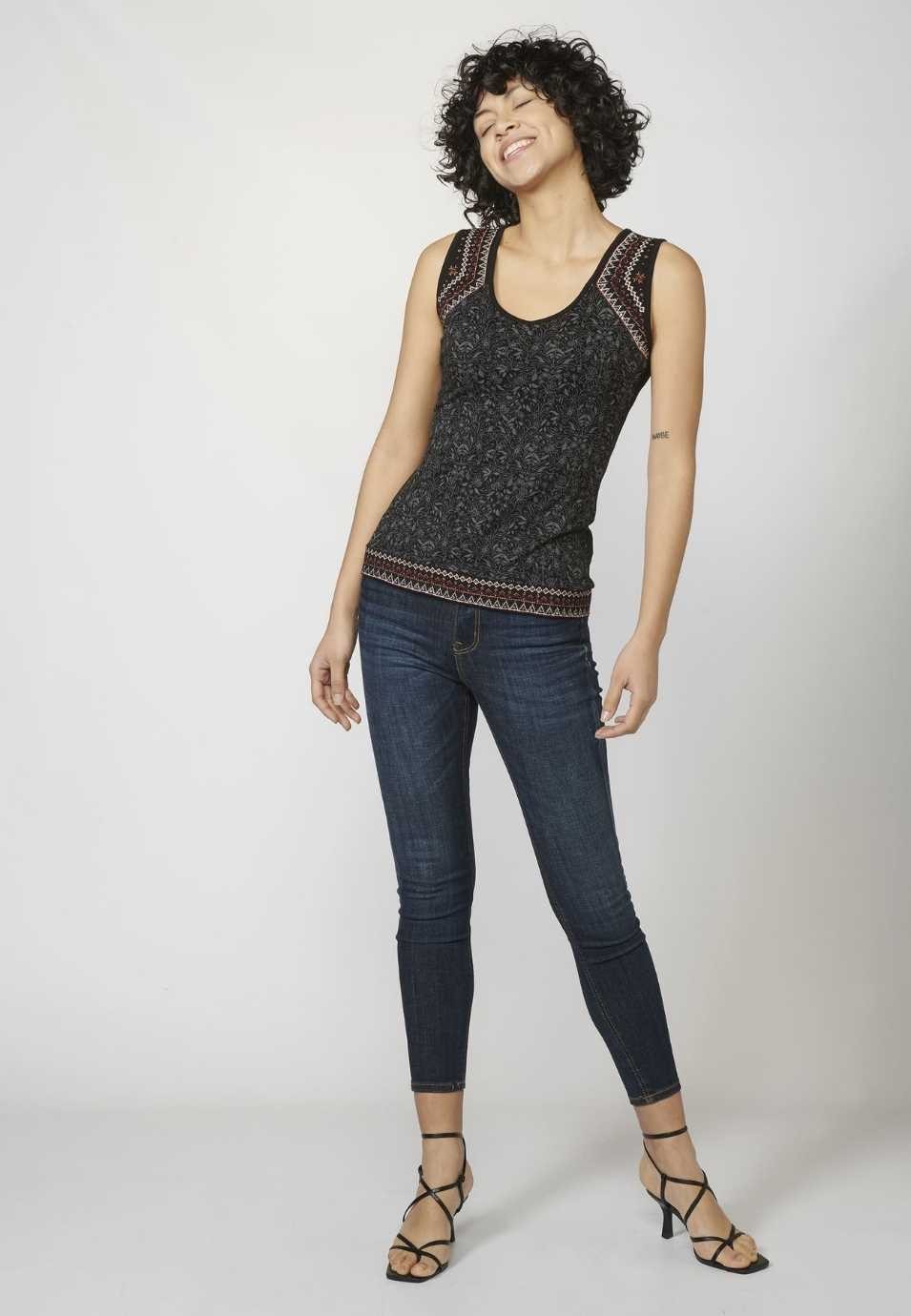 Tank Top with V-neckline and Ethnic Embroidery for Woman in Black color