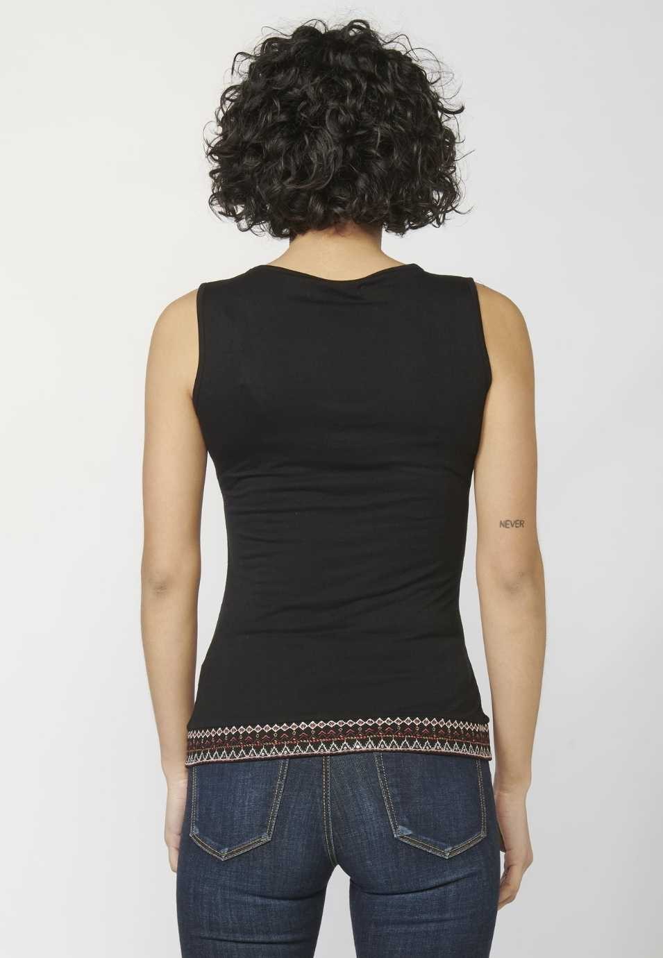 Tank Top with V-neckline and Ethnic Embroidery for Woman in Black color