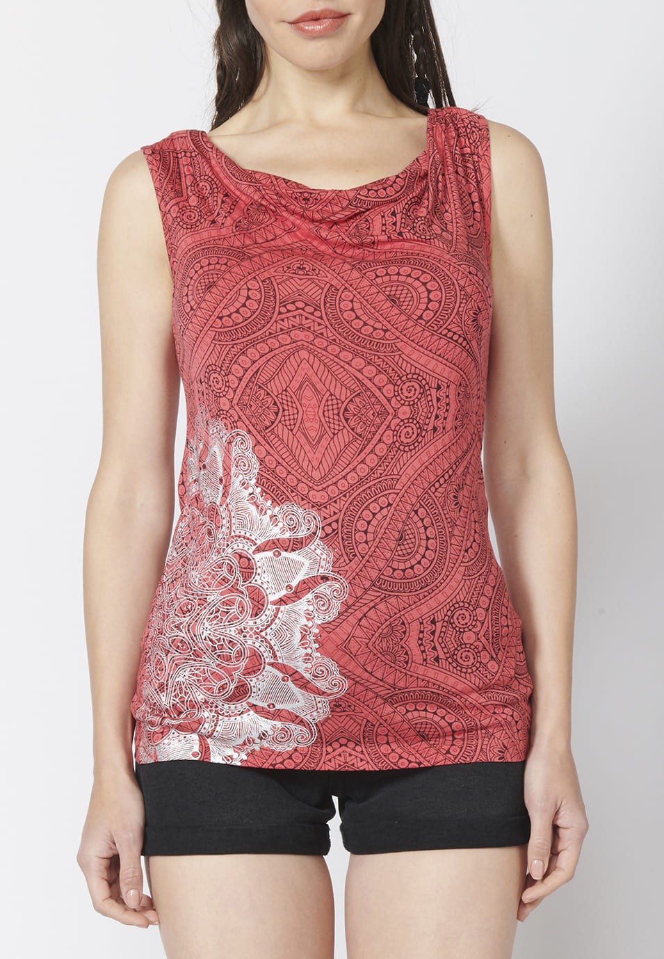 Tank Top with Loose Round Neckline and Ethnic Print for Woman in Coral color 5