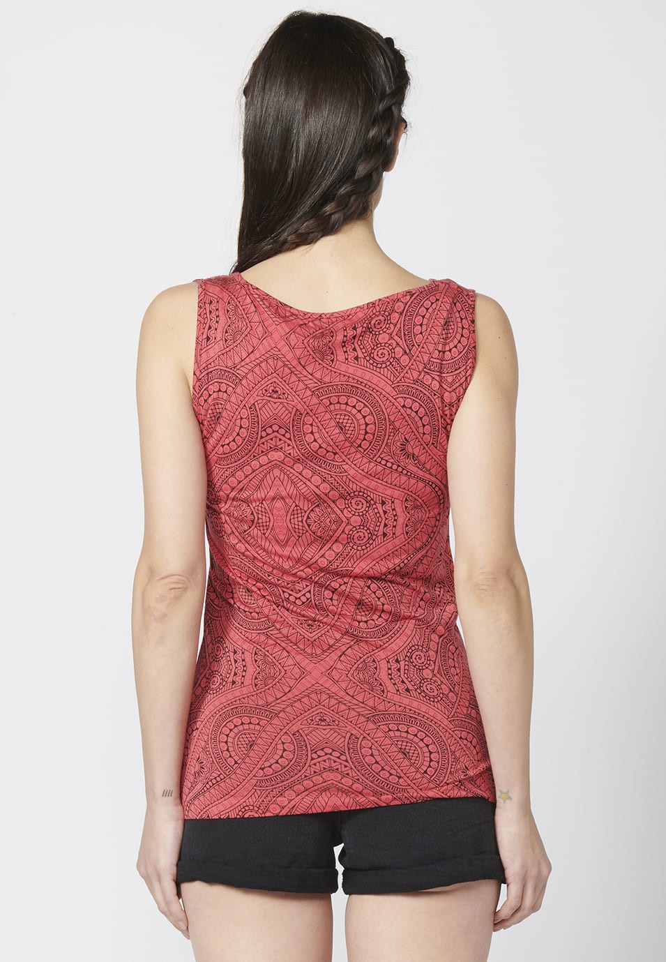 Tank Top with Loose Round Neckline and Ethnic Print for Woman in Coral color 4