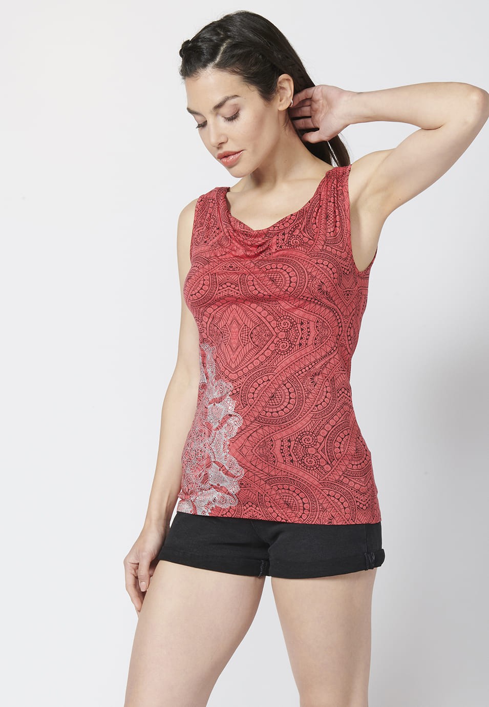 Tank Top with Loose Round Neckline and Ethnic Print for Woman in Coral color 3