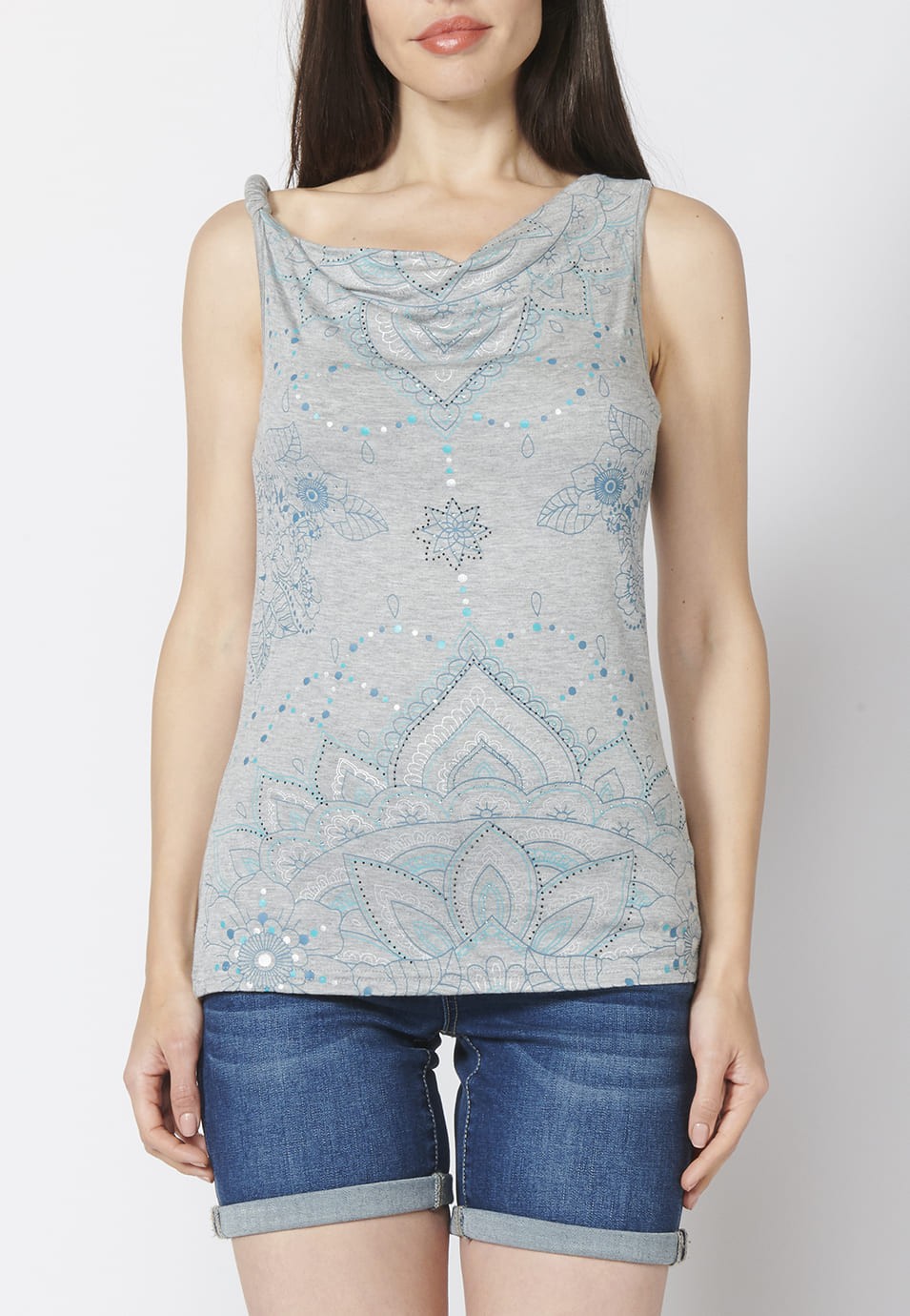 Tank Top with Loose Neckline and Ethnic Floral Print for Woman in Gray color 2