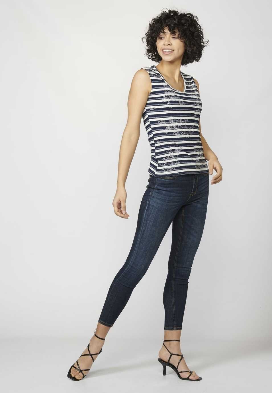 Women's Sailor-style V-Neck Tank Top with Embroidery on the Front