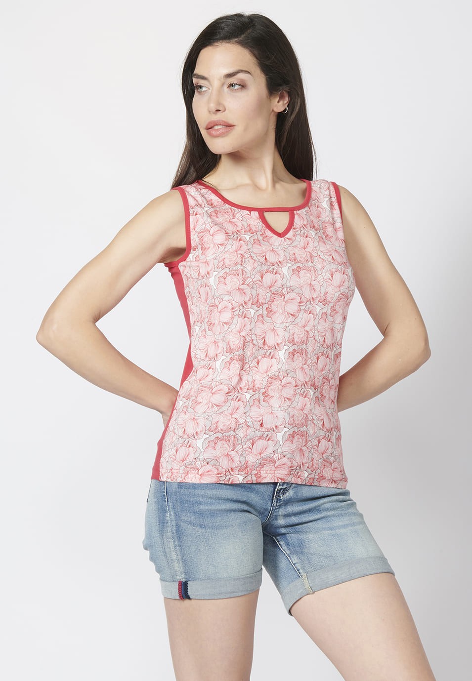 Débardeur en coton avec col en V et imprimé floral pour femme