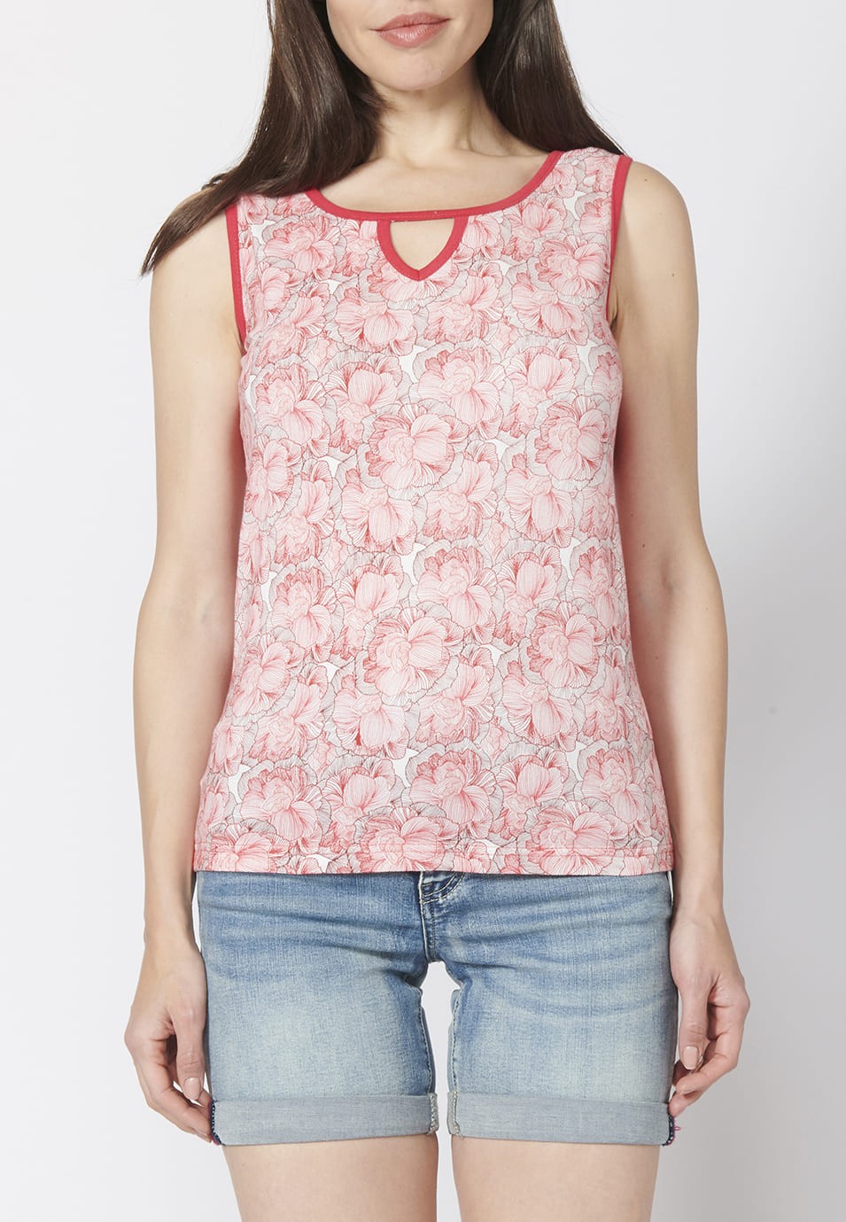 Baumwoll-Tanktop mit V-Ausschnitt und Blumendruck für Damen 1