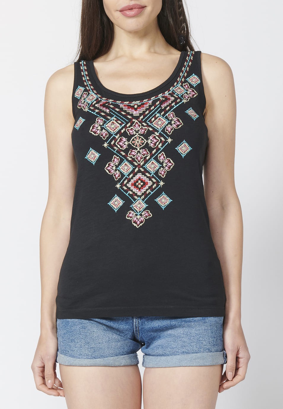 Black ethnic print tank top with round neckline for Woman 5
