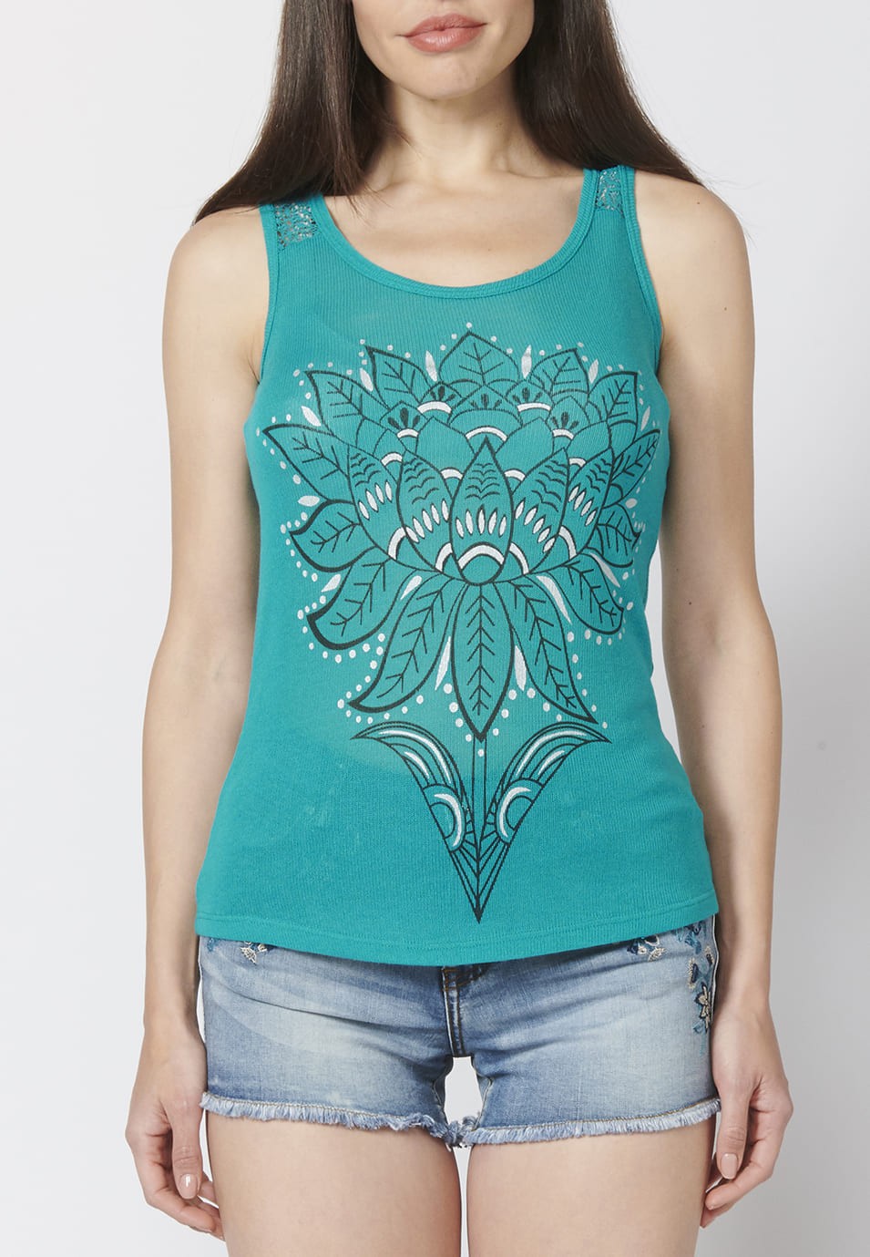 Tank Top with Round Neckline and Floral Print for Women in Mint color 4