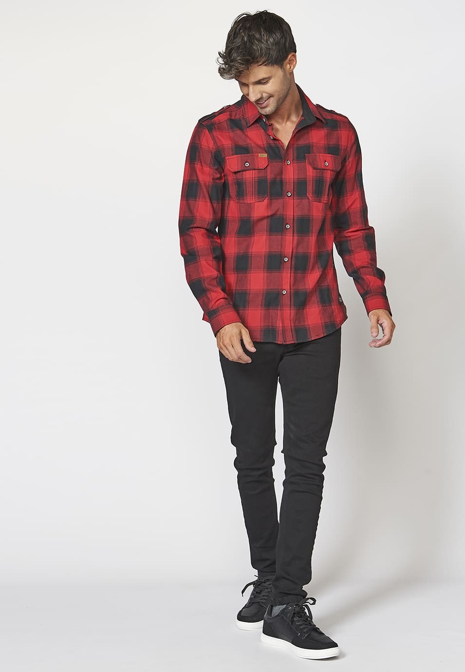 Camisa manga larga denim con bolsillos delanteros y Estampado a cuadros tipo leñador para Hombre