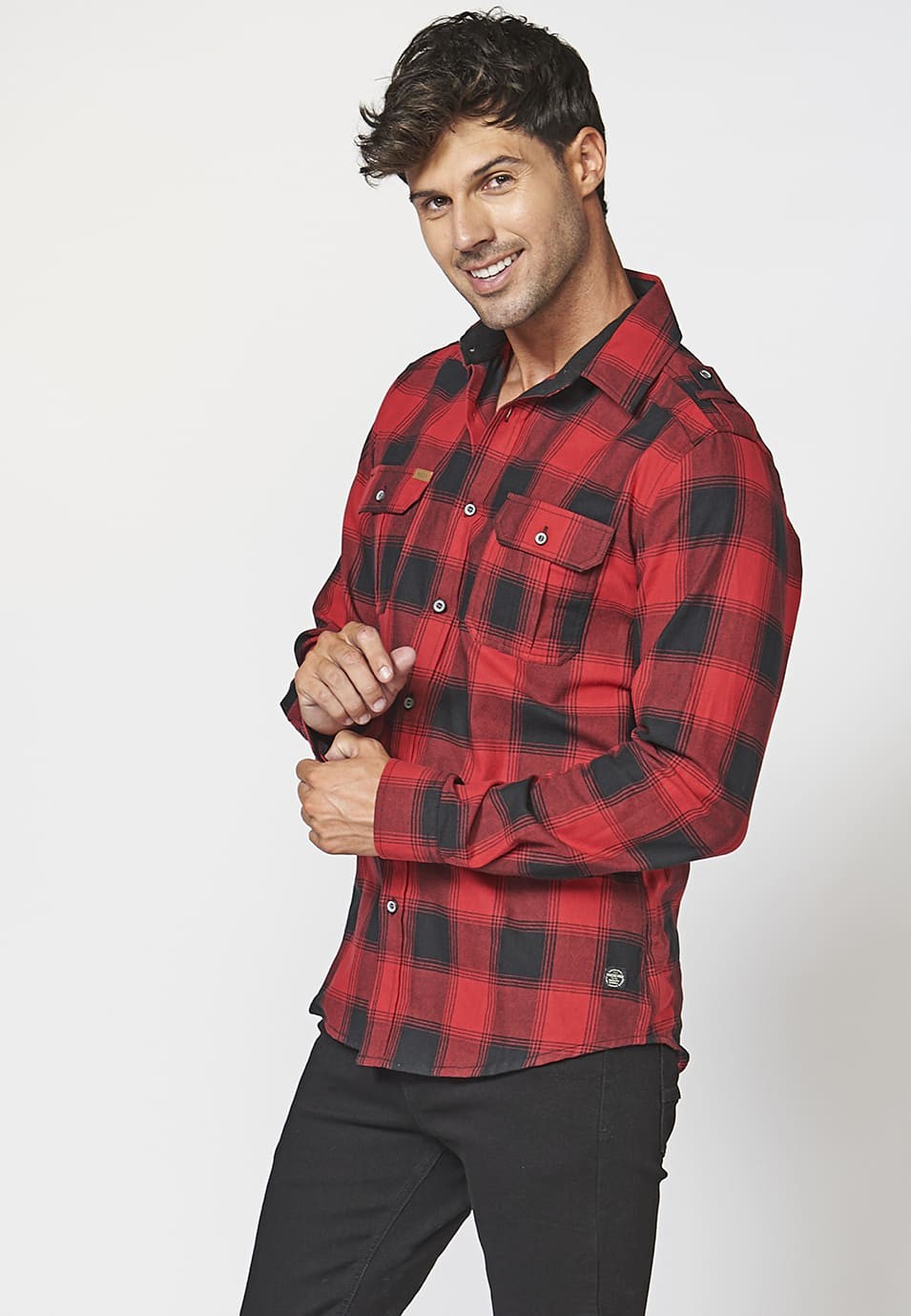 Camisa manga larga denim con bolsillos delanteros y Estampado a cuadros tipo leñador para Hombre