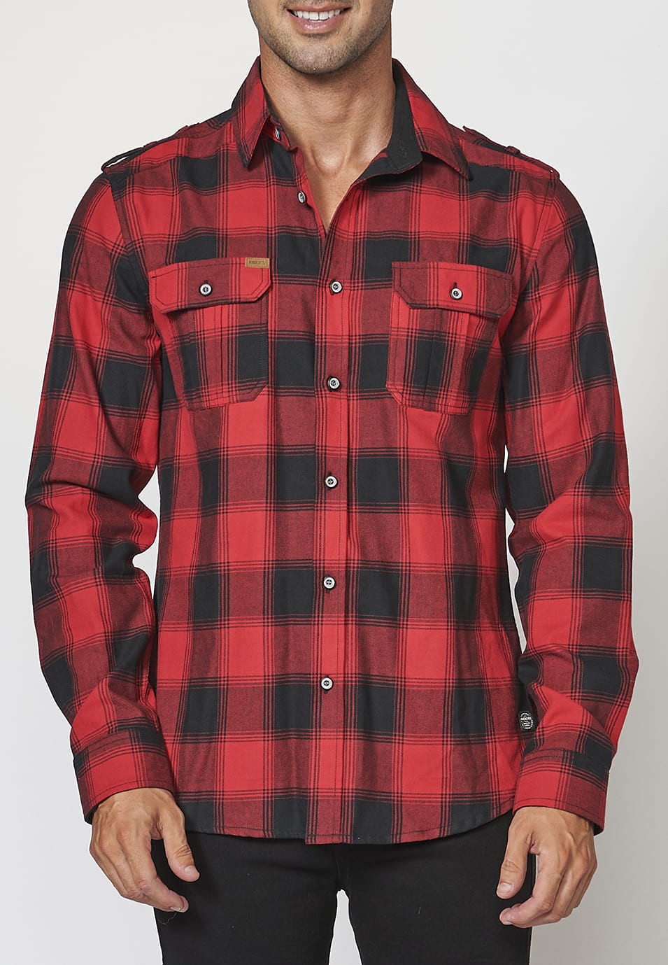 Camisa manga larga denim con bolsillos delanteros y Estampado a cuadros tipo leñador para Hombre