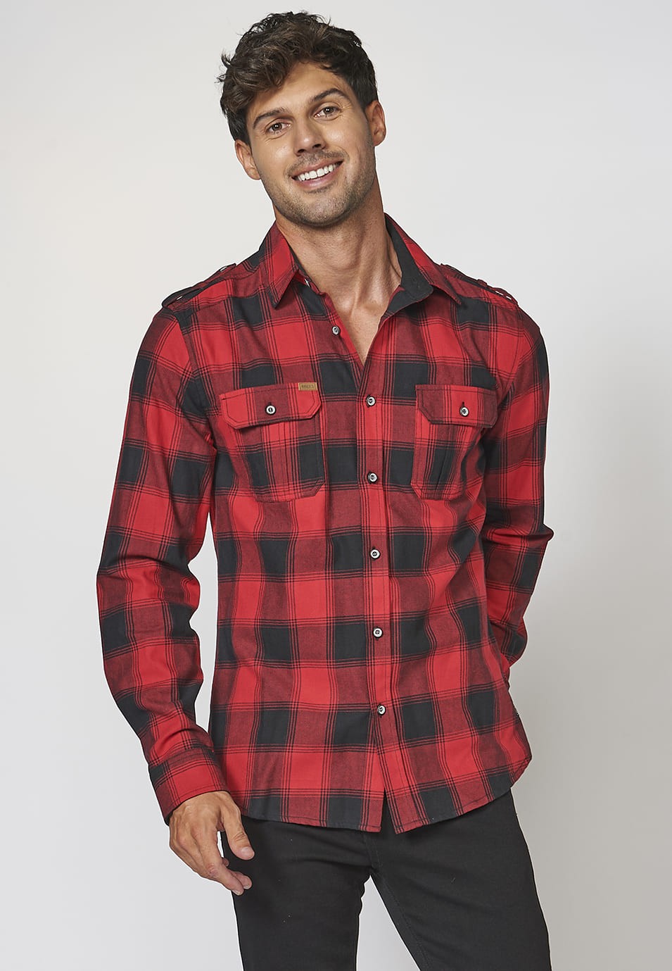 Camisa manga larga denim con bolsillos delanteros y Estampado a cuadros tipo leñador para Hombre