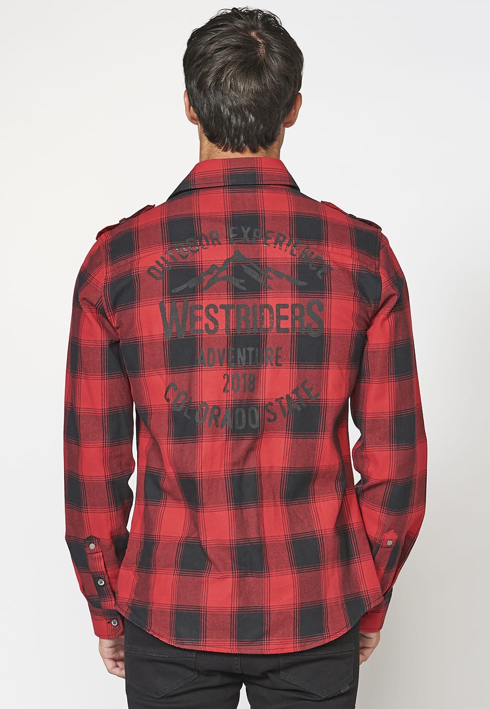 Camisa manga larga denim con bolsillos delanteros y Estampado a cuadros tipo leñador para Hombre