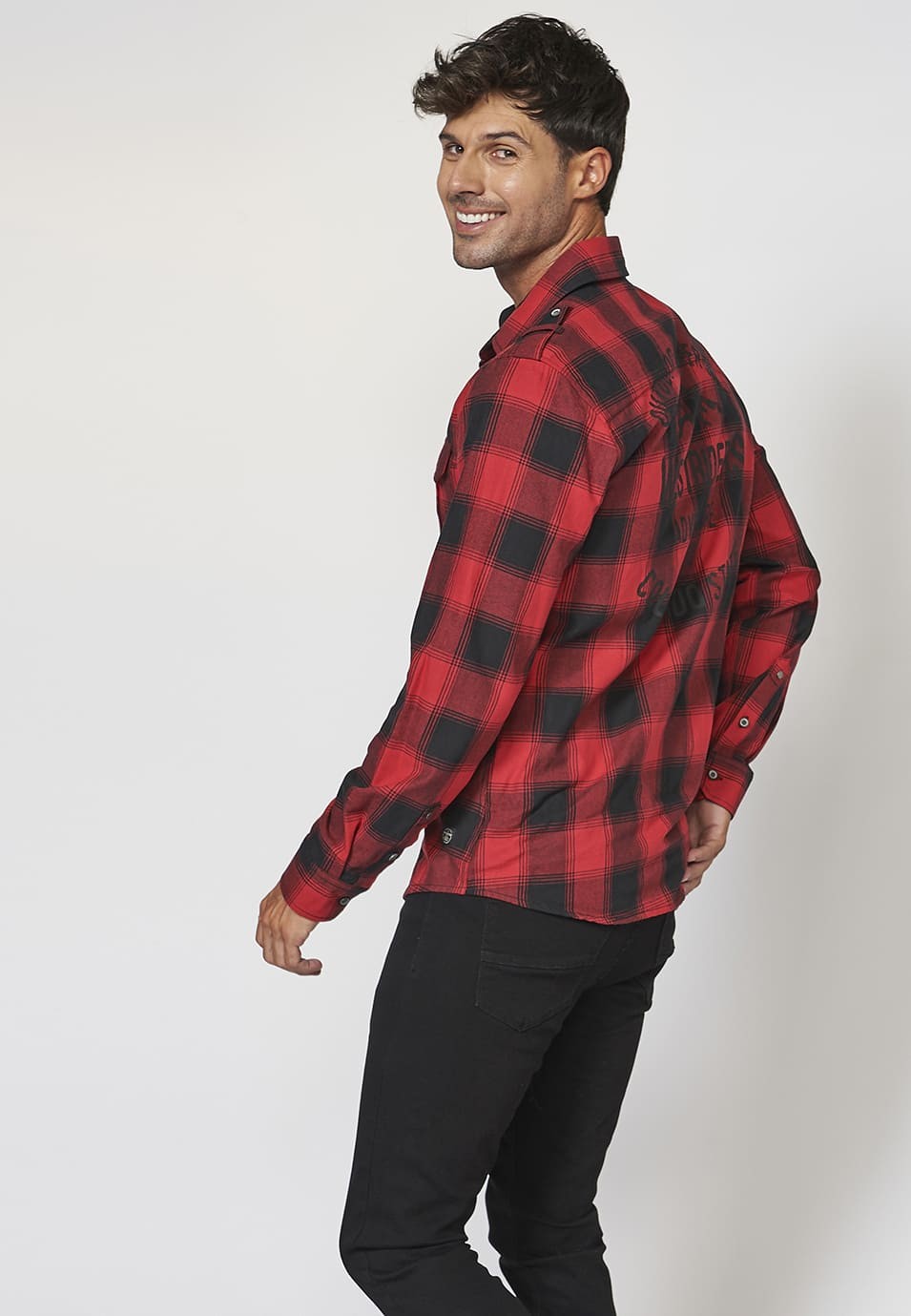Camisa manga larga denim con bolsillos delanteros y Estampado a cuadros tipo leñador para Hombre