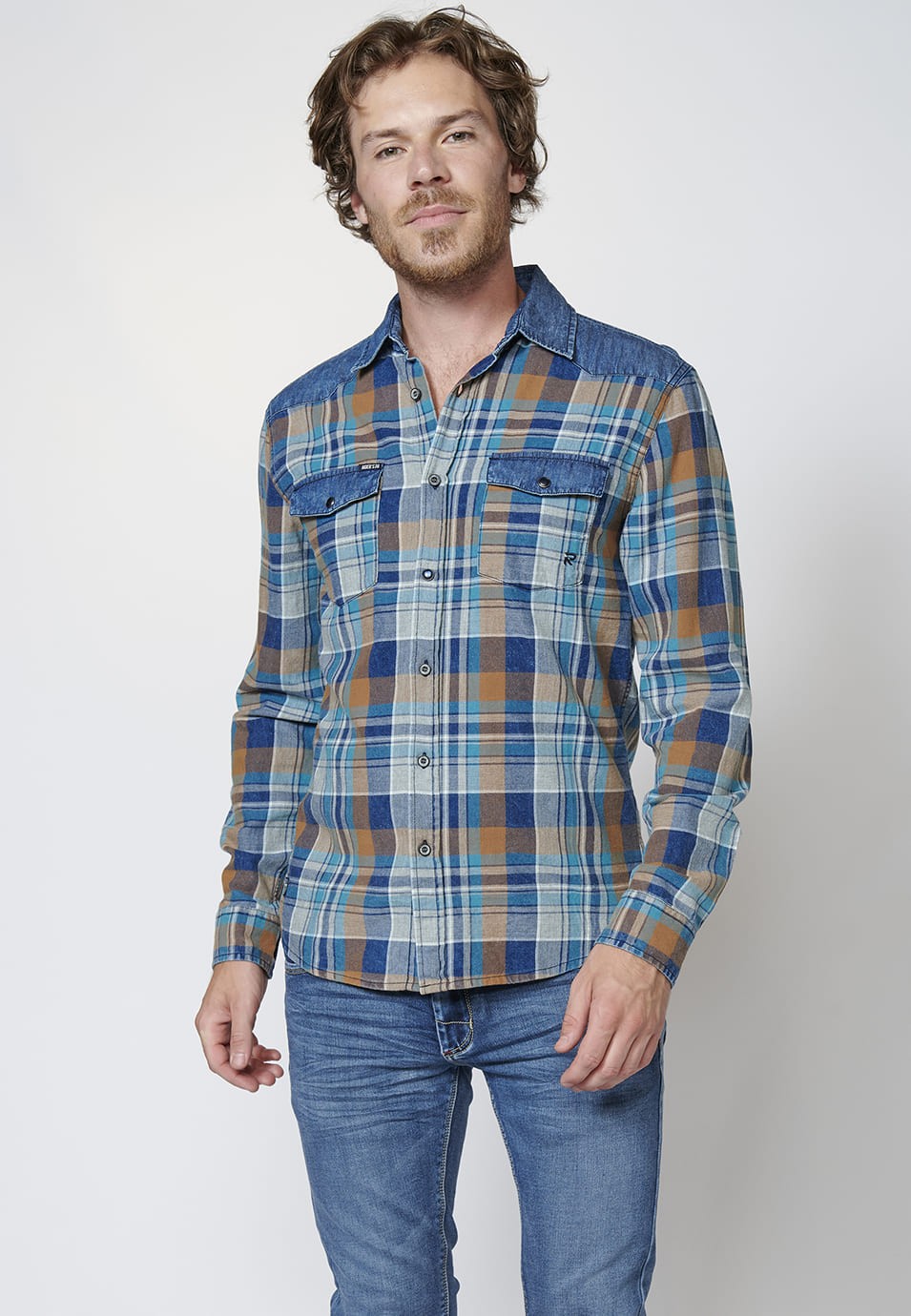 Long-sleeved Cotton shirt with details on pockets and shoulders for Men