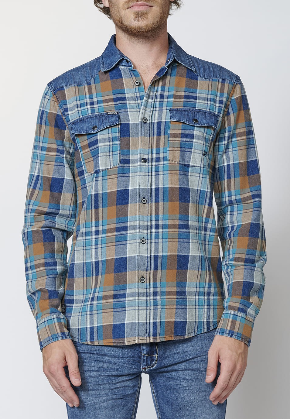 Long-sleeved Cotton shirt with details on pockets and shoulders for Men