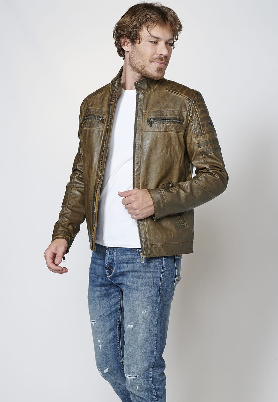 Chaqueta cazadora cuero sintético efecto piel con cuello redondo para Hombre
