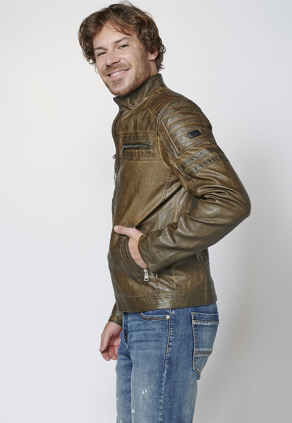 Chaqueta cazadora cuero sintético efecto piel con cuello redondo para Hombre