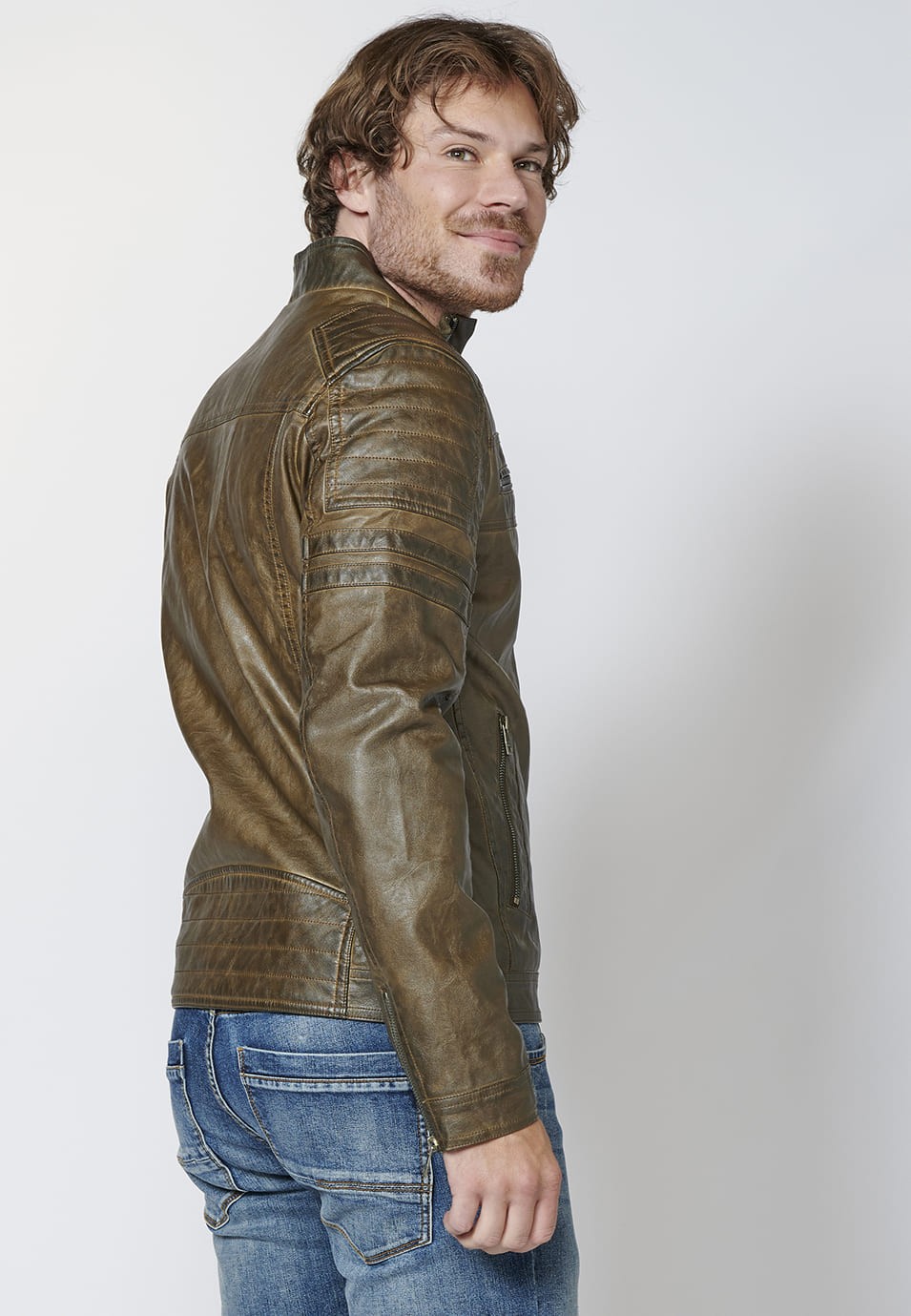 Chaqueta cazadora cuero sintético efecto piel con cuello redondo para Hombre