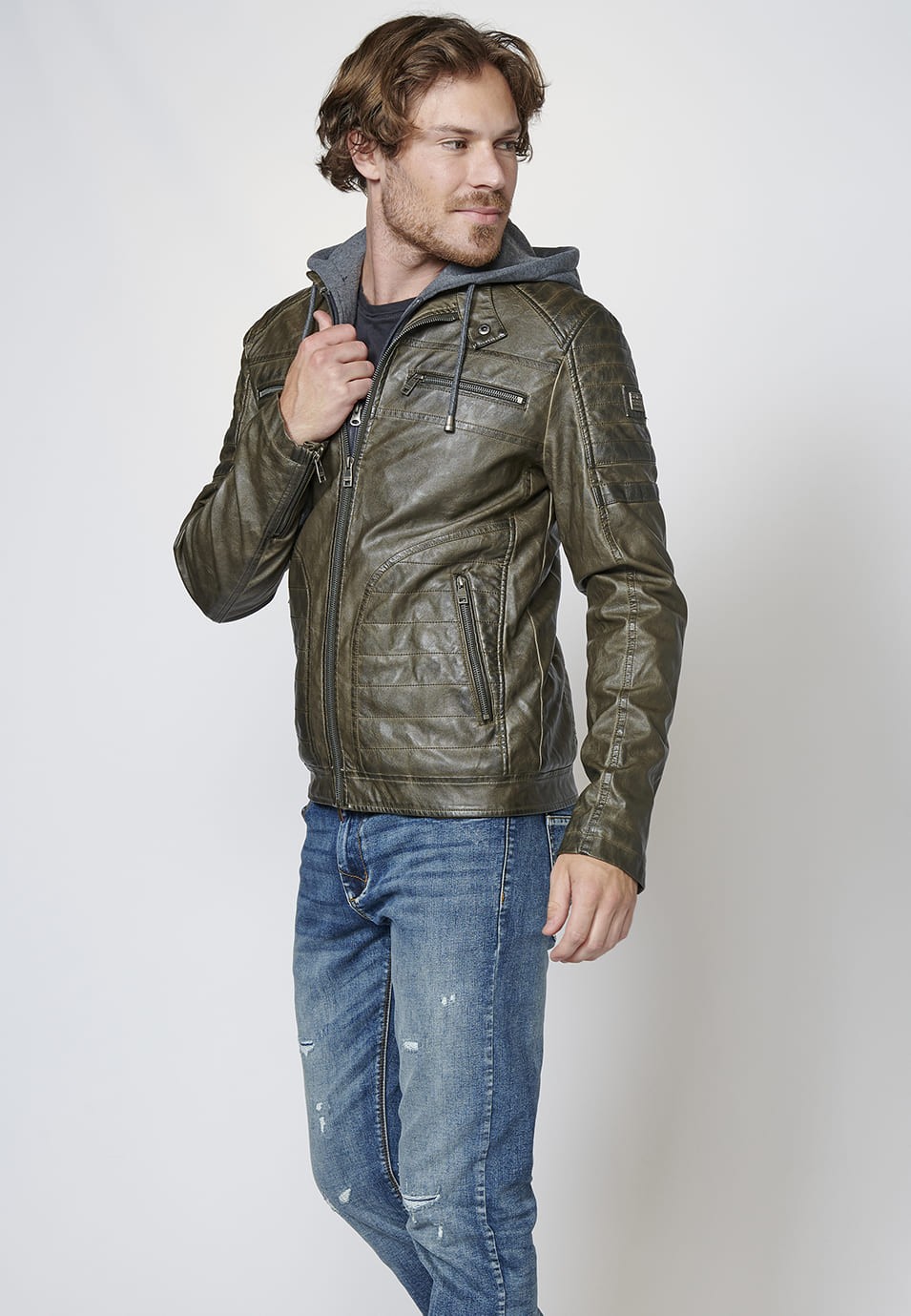 Chaqueta cazadora efecto piel con cuello mao con capucha para Hombre