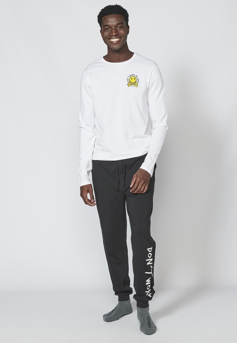 Conjunto de Pijama de manga larga blanco y pantalón largo negro de Algodón para Hombre