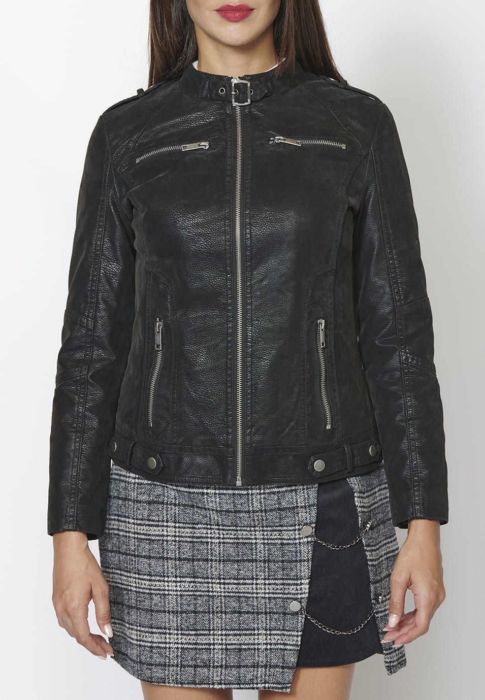 Chaqueta cazadora cuero sintético efecto piel con forro de pelo y cuello mao negra para Mujer