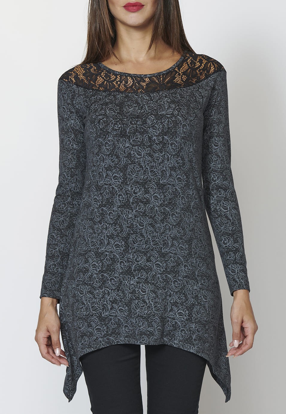 Camiseta manga larga estampada con escote redondo con puntilla para Mujer