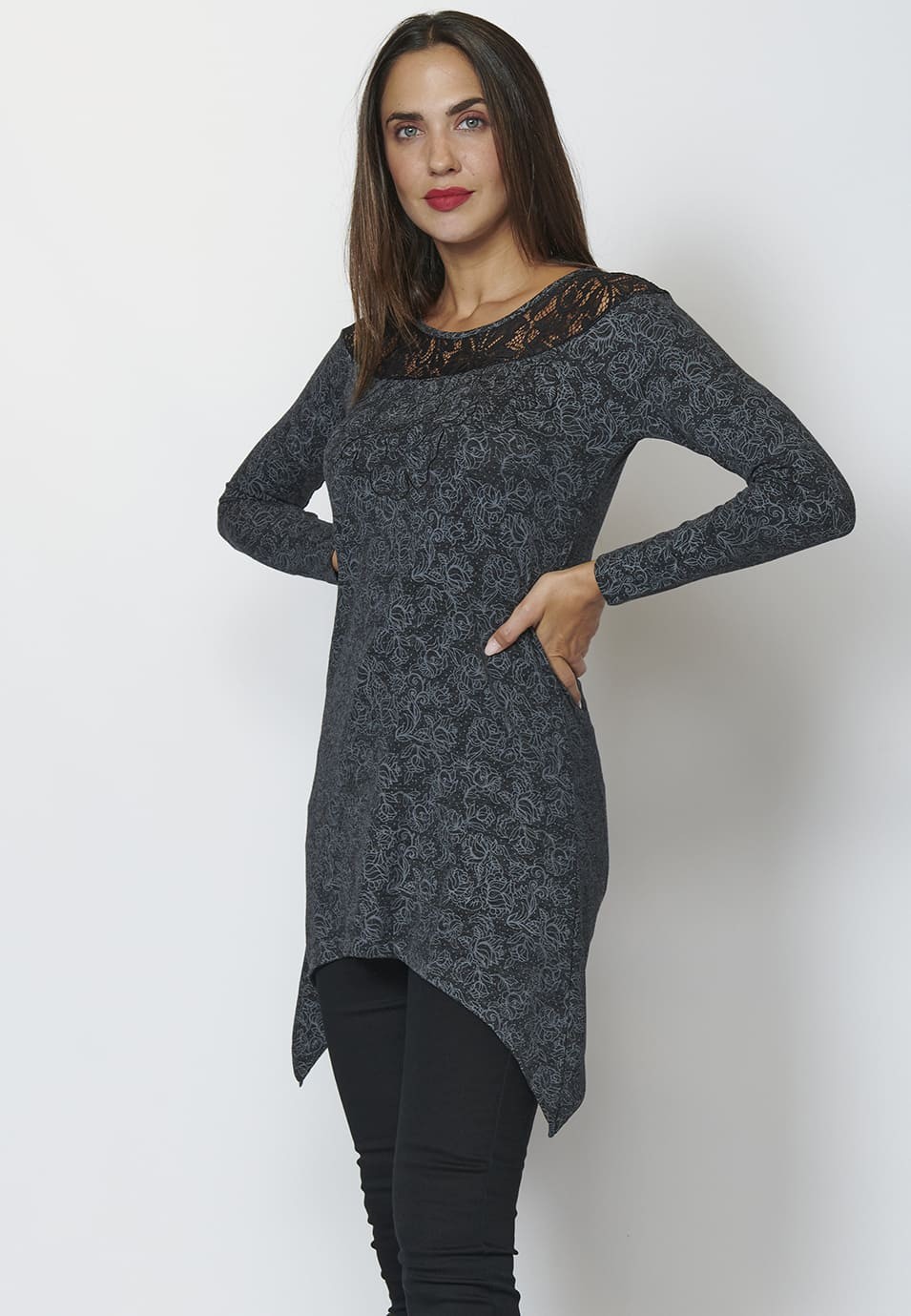 Camiseta manga larga estampada con escote redondo con puntilla para Mujer