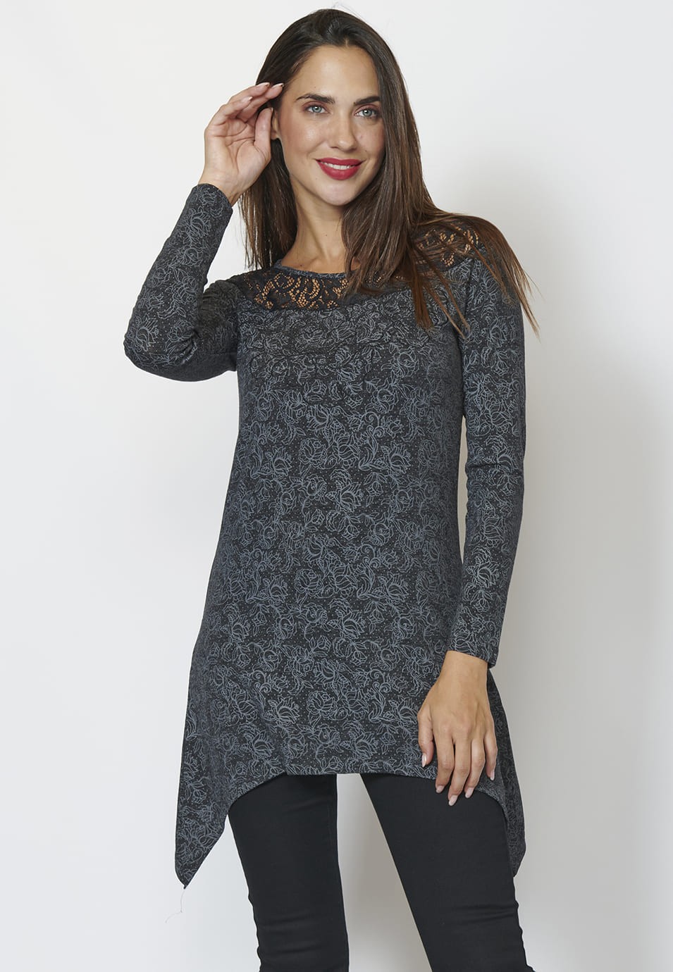 Camiseta manga larga estampada con escote redondo con puntilla para Mujer