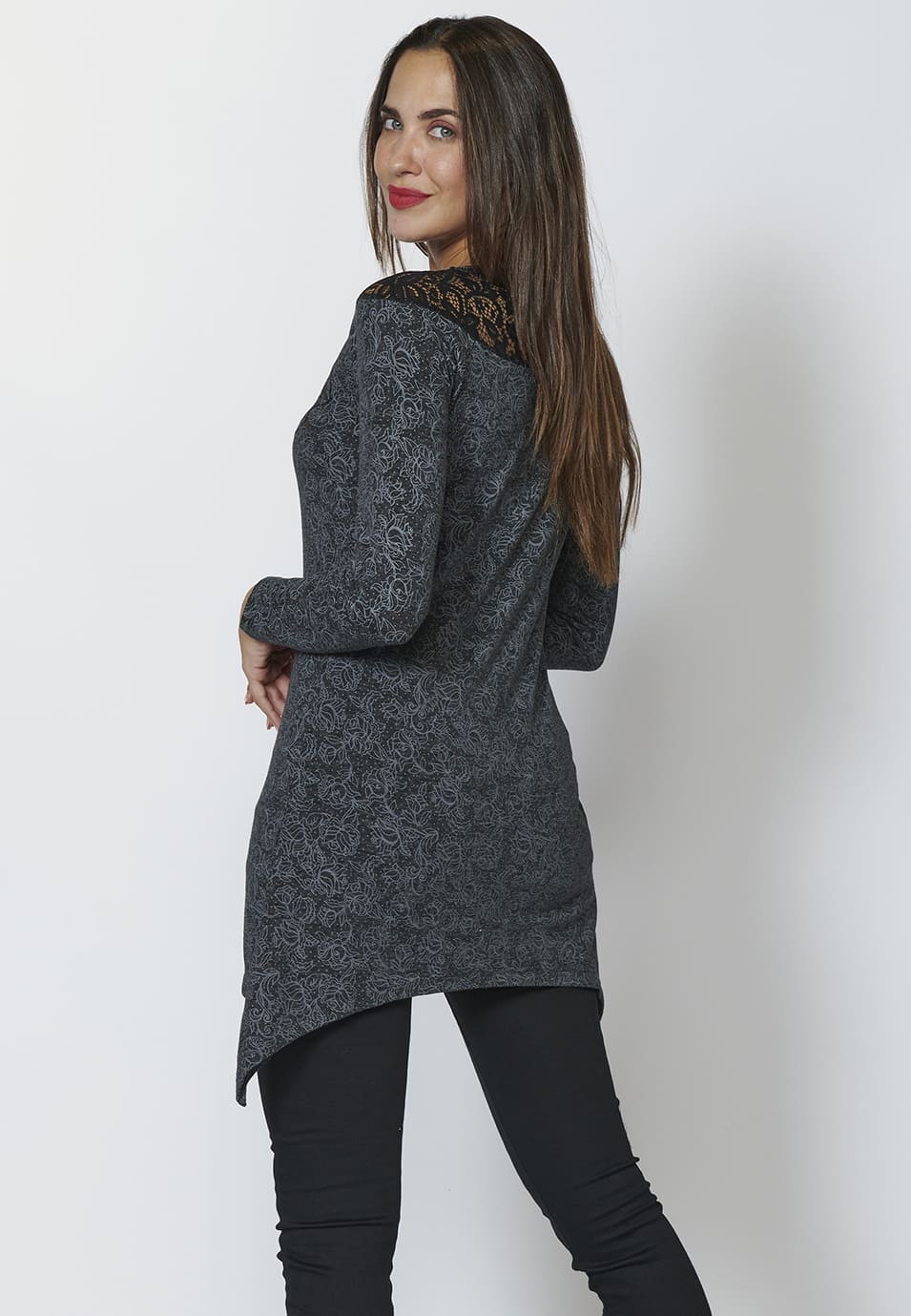Camiseta manga larga estampada con escote redondo con puntilla para Mujer