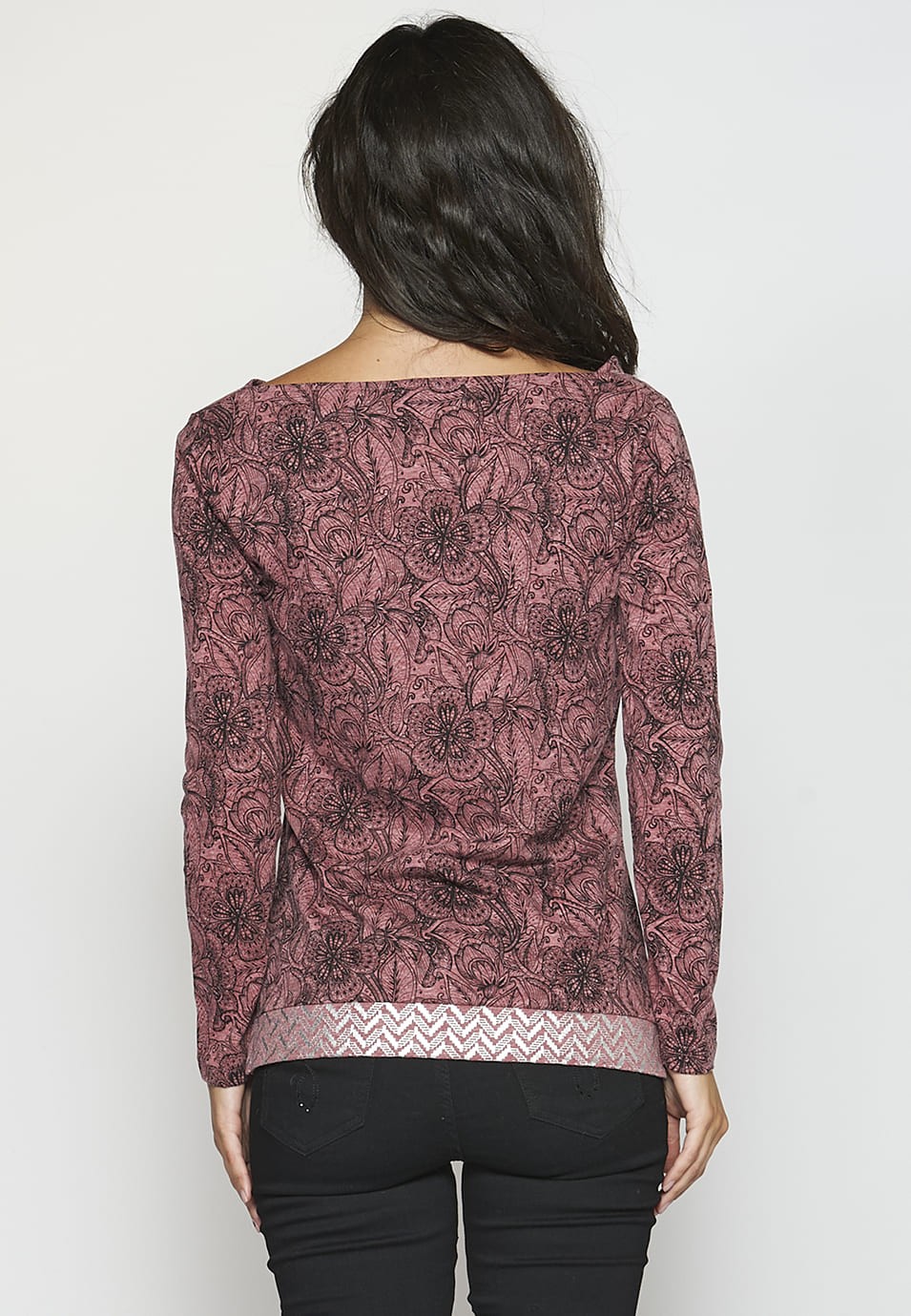 Camiseta manga larga acabada en rib con estampado floral para Mujer
