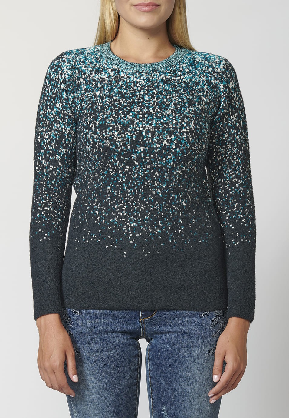 Long Sleeve Crew Neck Sweater with Marbling Effect for Women