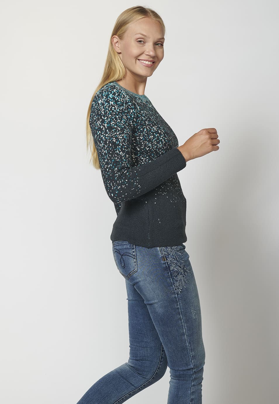 Long Sleeve Crew Neck Sweater with Marbling Effect for Women