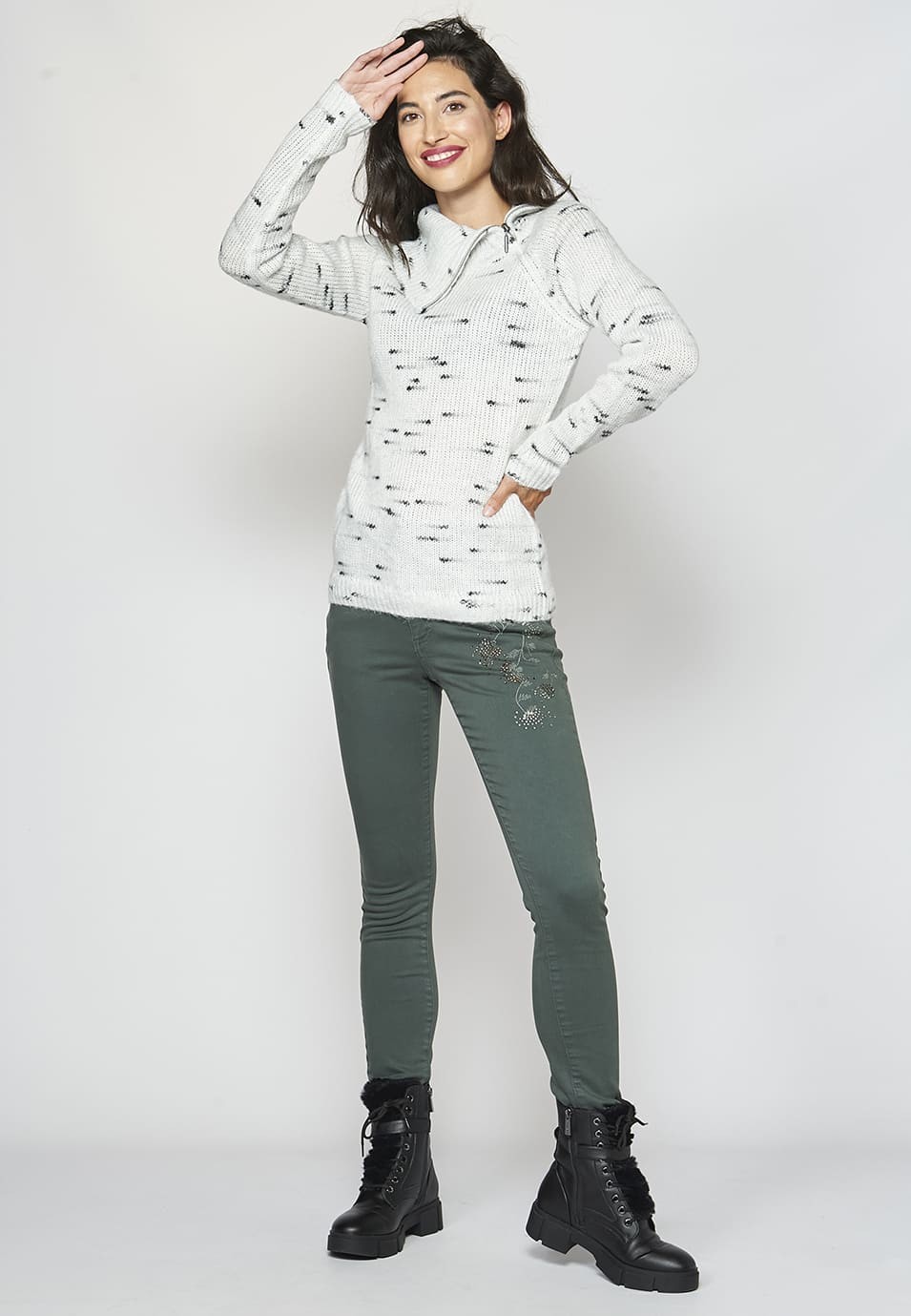 Jersei de màniga llarga amb coll tornat obert amb cremallera per a Dona