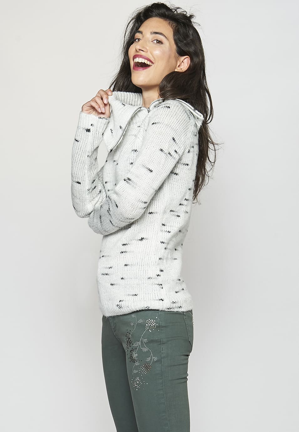 Jersei de màniga llarga amb coll tornat obert amb cremallera per a Dona