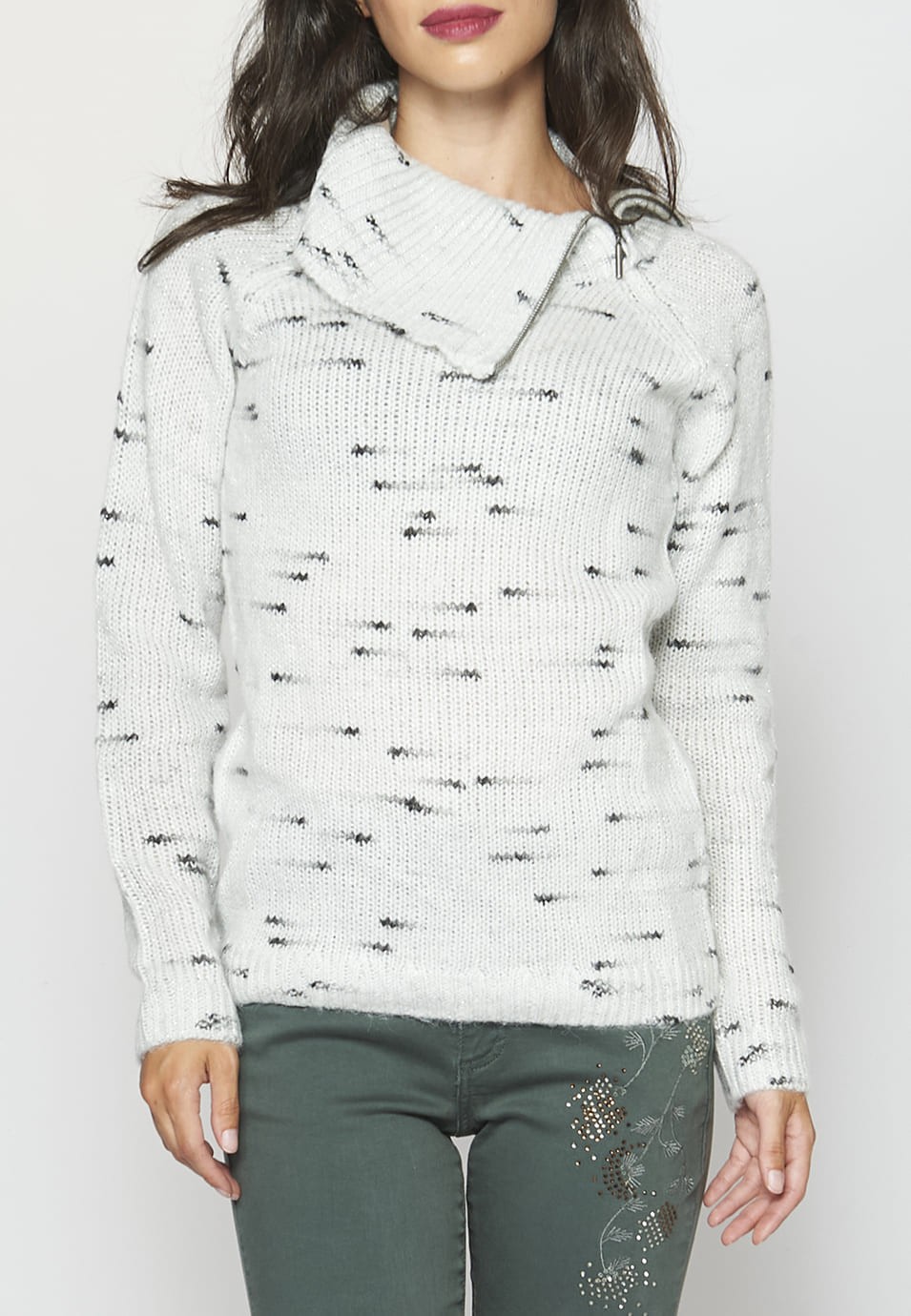 Jersei de màniga llarga amb coll tornat obert amb cremallera per a Dona