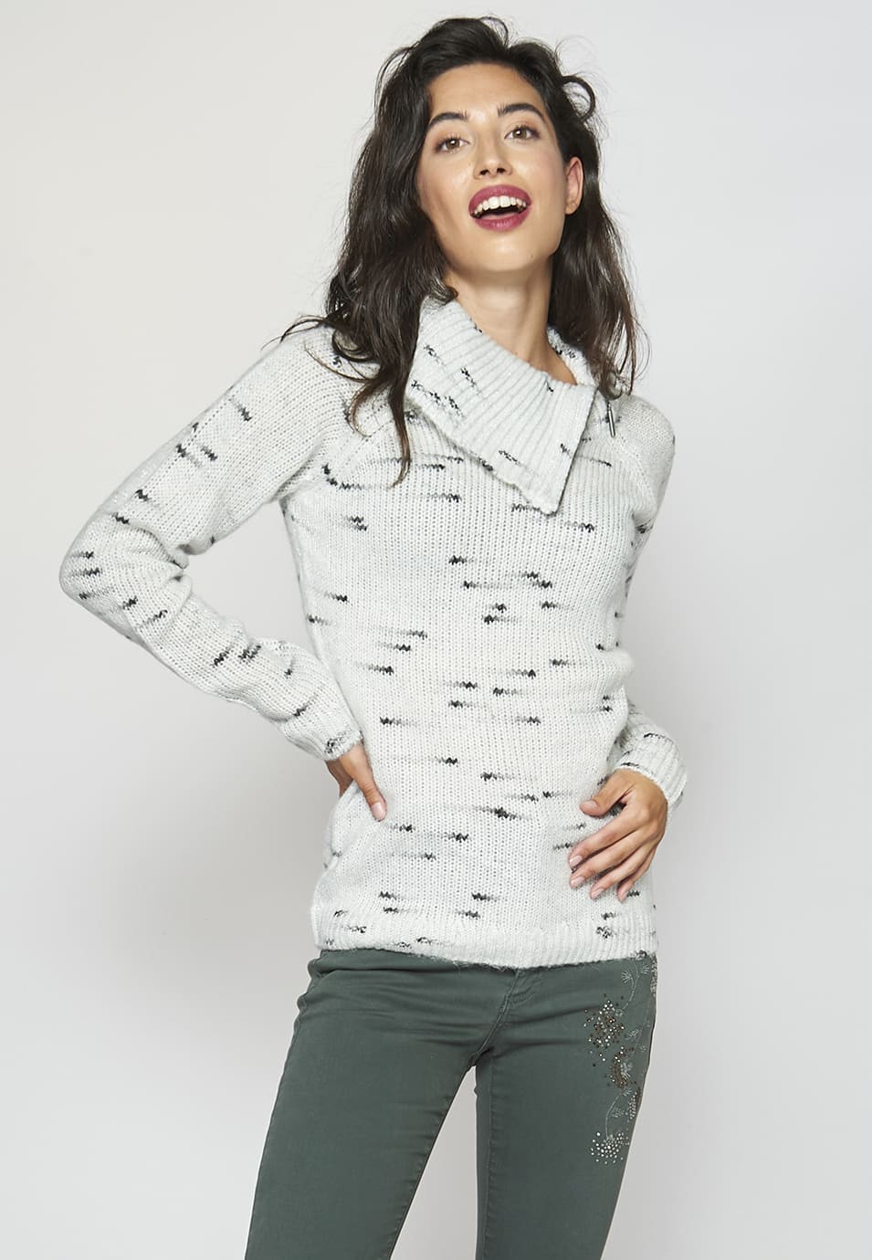 Jersei de màniga llarga amb coll tornat obert amb cremallera per a Dona