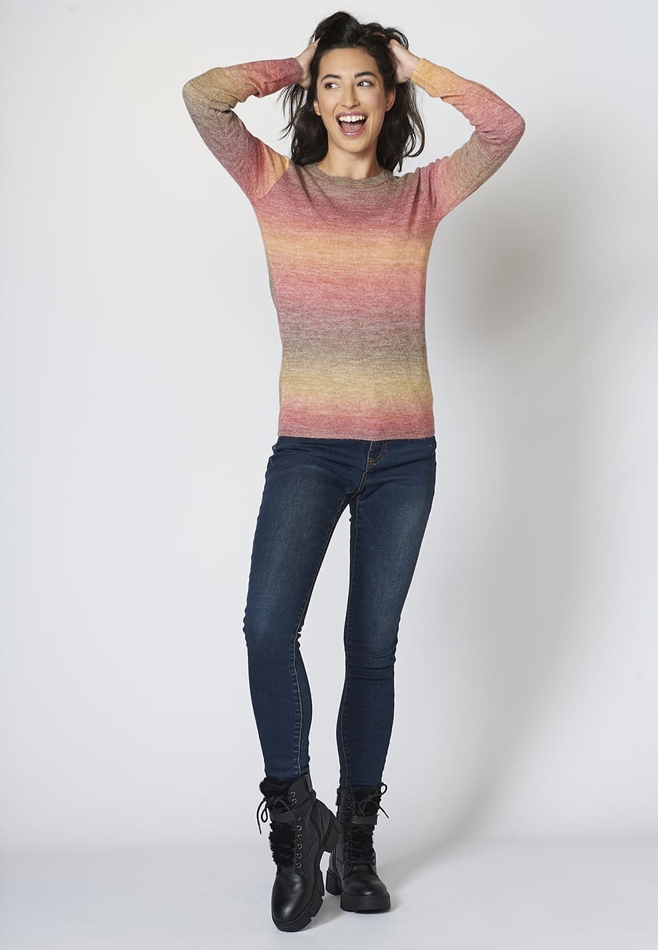 Jersey de punto tricot de cuello redondo punto fino multicolor para Mujer