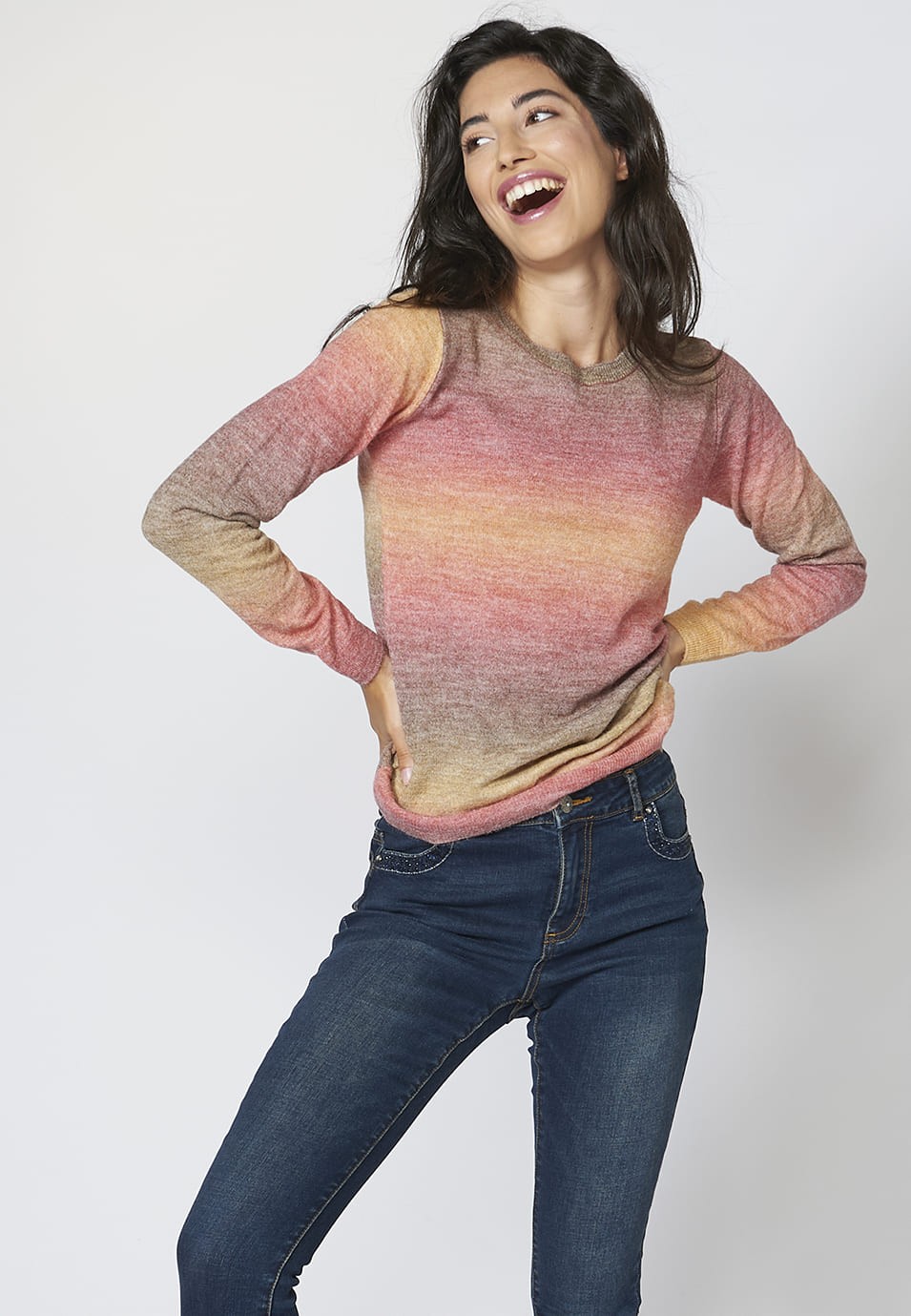 Jersey de punto tricot de cuello redondo punto fino multicolor para Mujer