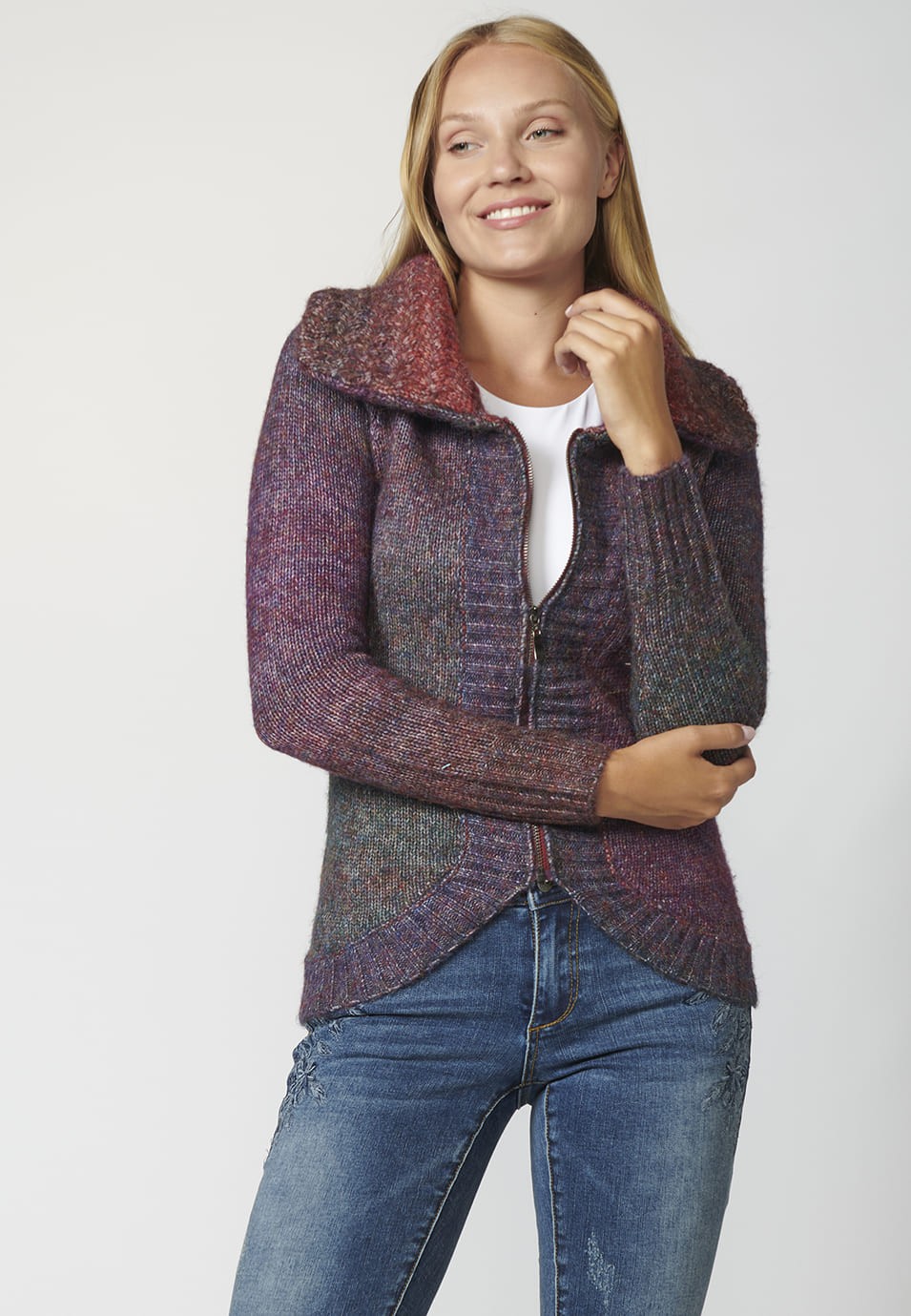 Chaqueta de Punto con cierre delantero con Cremallera y Cuello Vuelto para Mujer