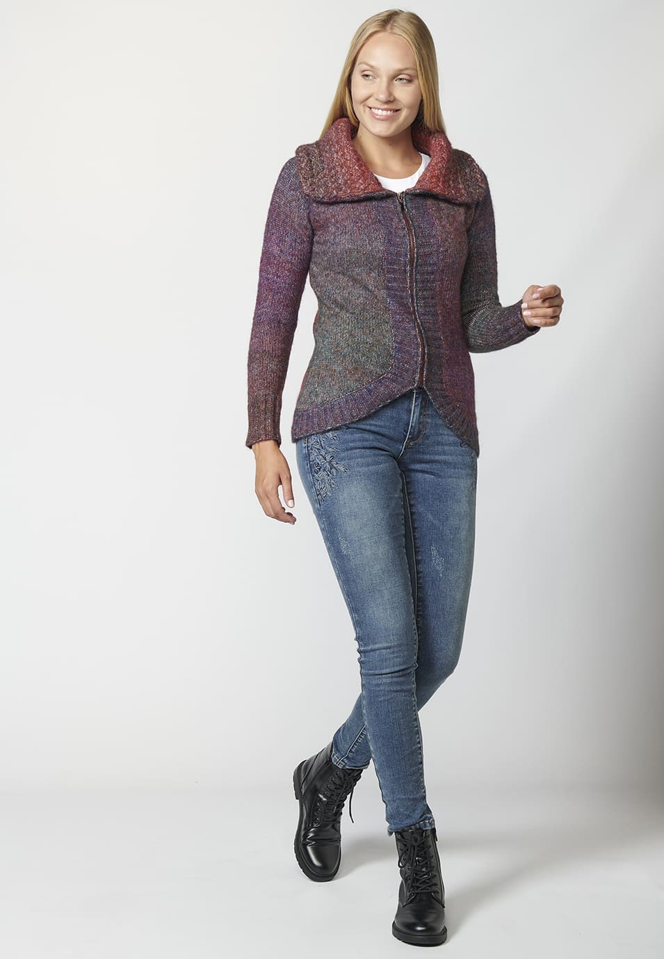 Chaqueta de Punto con cierre delantero con Cremallera y Cuello Vuelto para Mujer