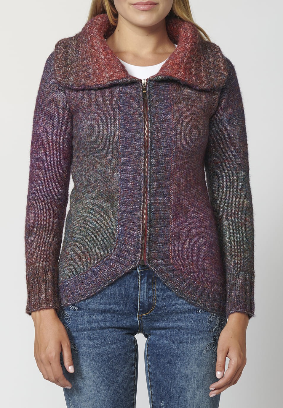 Chaqueta de Punto con cierre delantero con Cremallera y Cuello Vuelto para Mujer