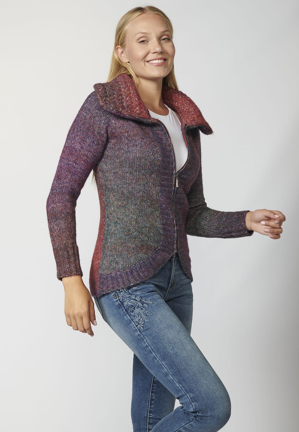 Chaqueta de Punto con cierre delantero con Cremallera y Cuello Vuelto para Mujer