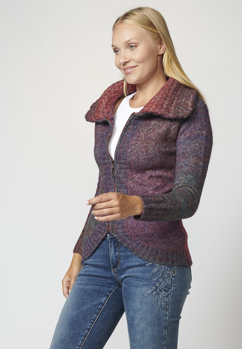 Chaqueta de Punto con cierre delantero con Cremallera y Cuello Vuelto para Mujer