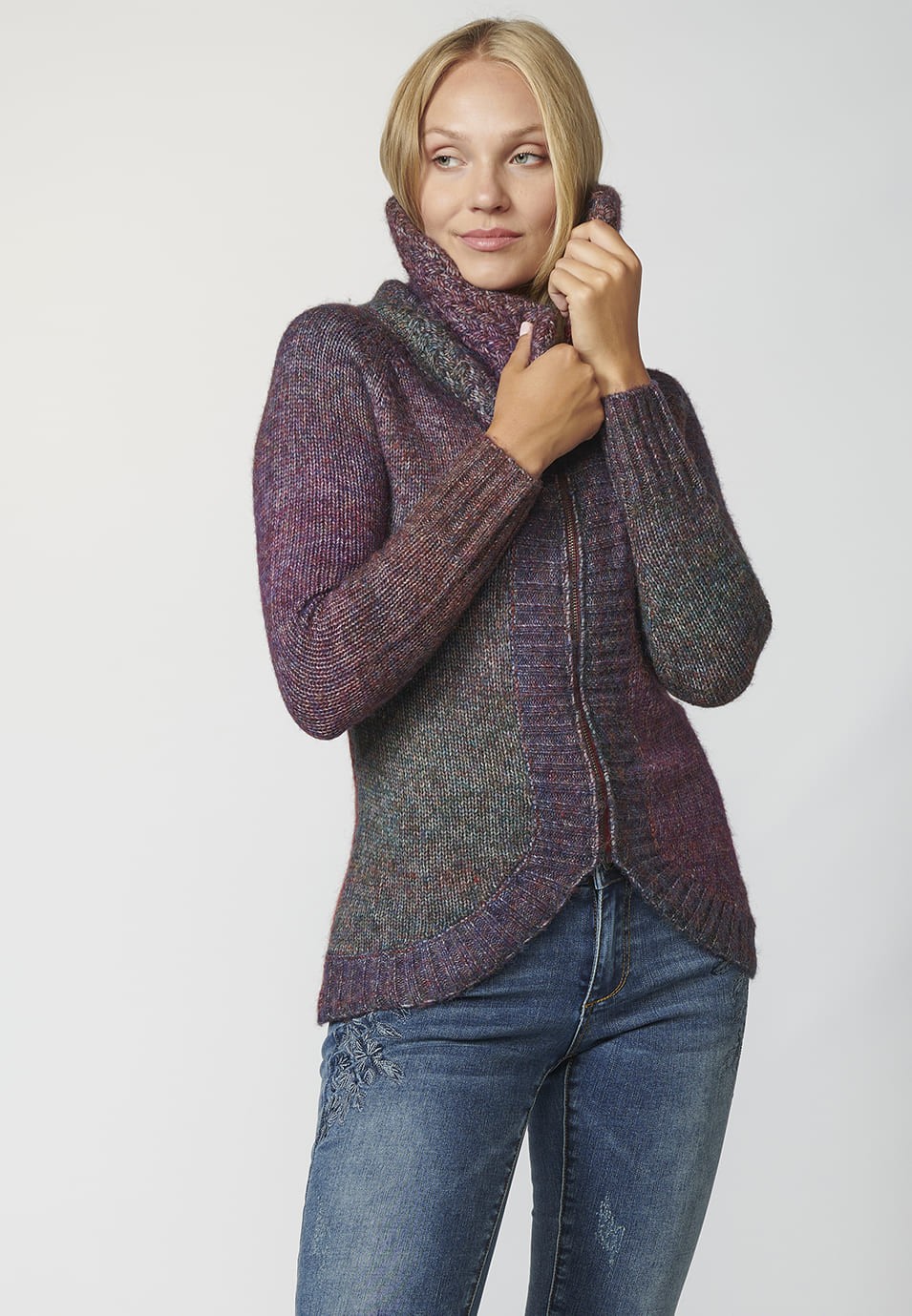 Chaqueta de Punto con cierre delantero con Cremallera y Cuello Vuelto para Mujer