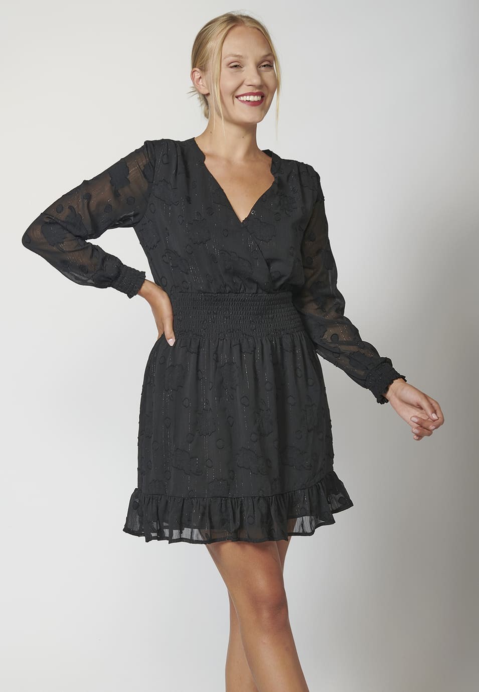 Vestido de manga larga acabado en volante y escote de pico para Mujer Vestido de manga larga acabado en volante y escote de pico para Mujer
