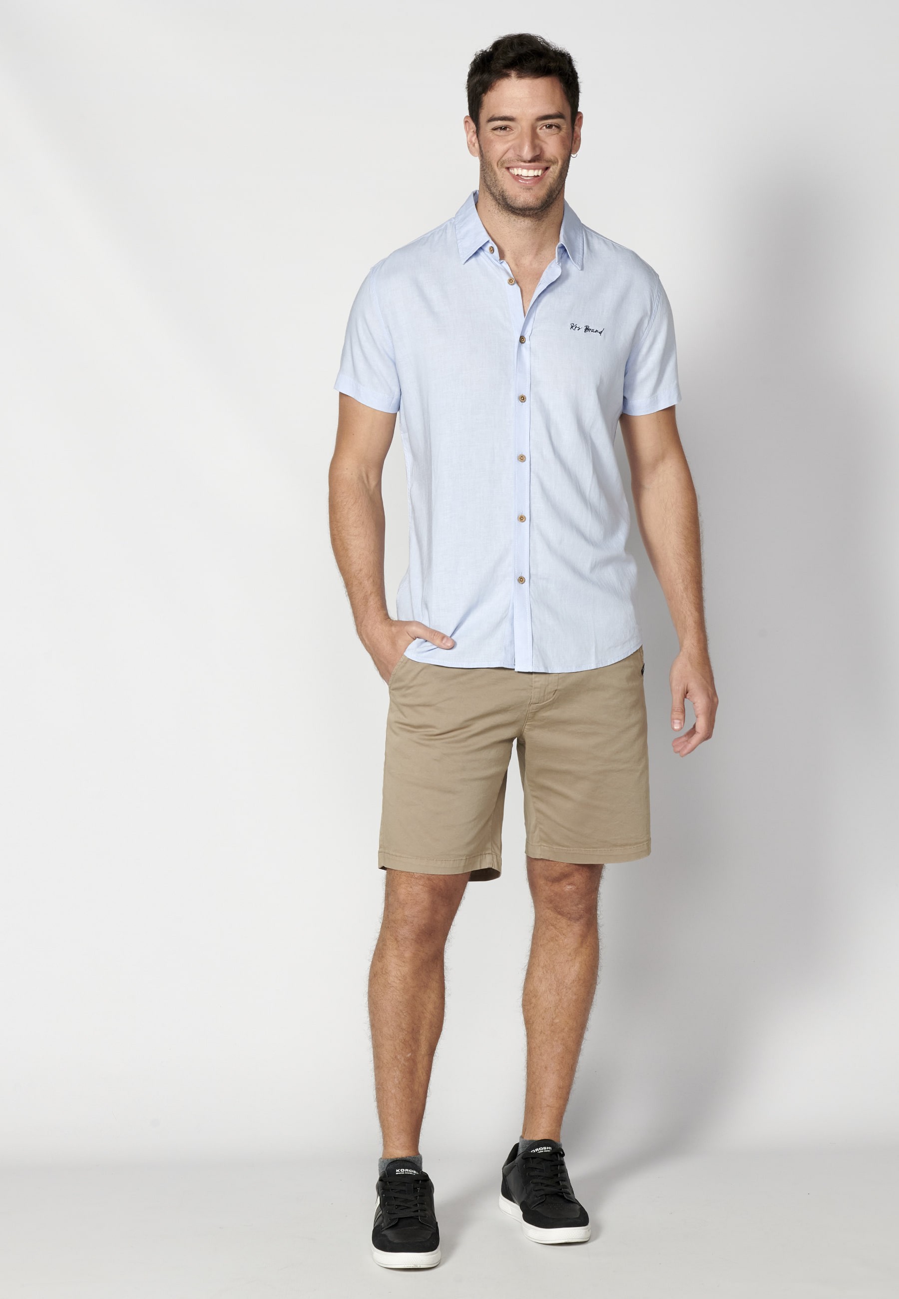 Blue linen short-sleeved shirt for Men