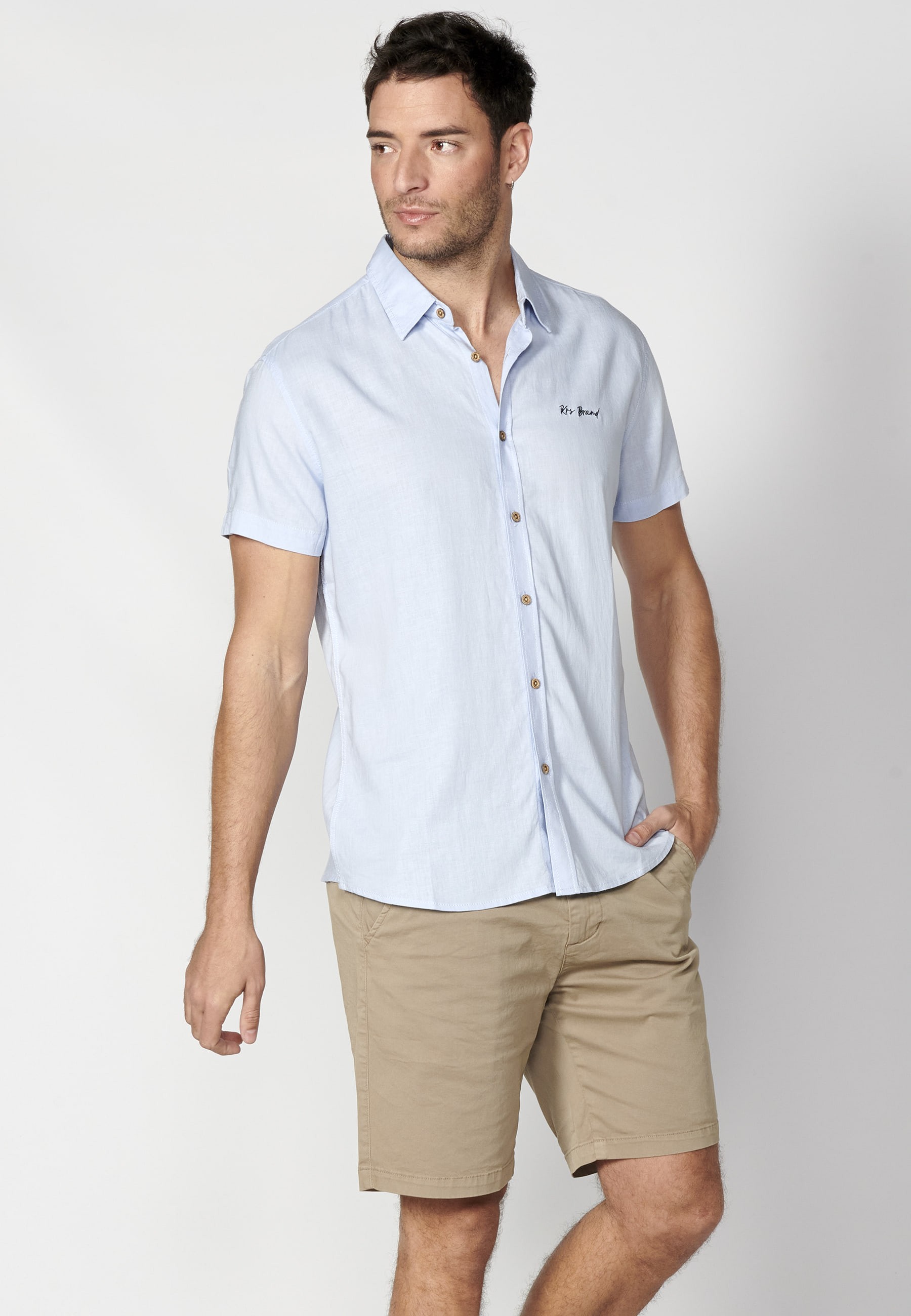 Chemise à manches courtes en lin bleu pour Homme