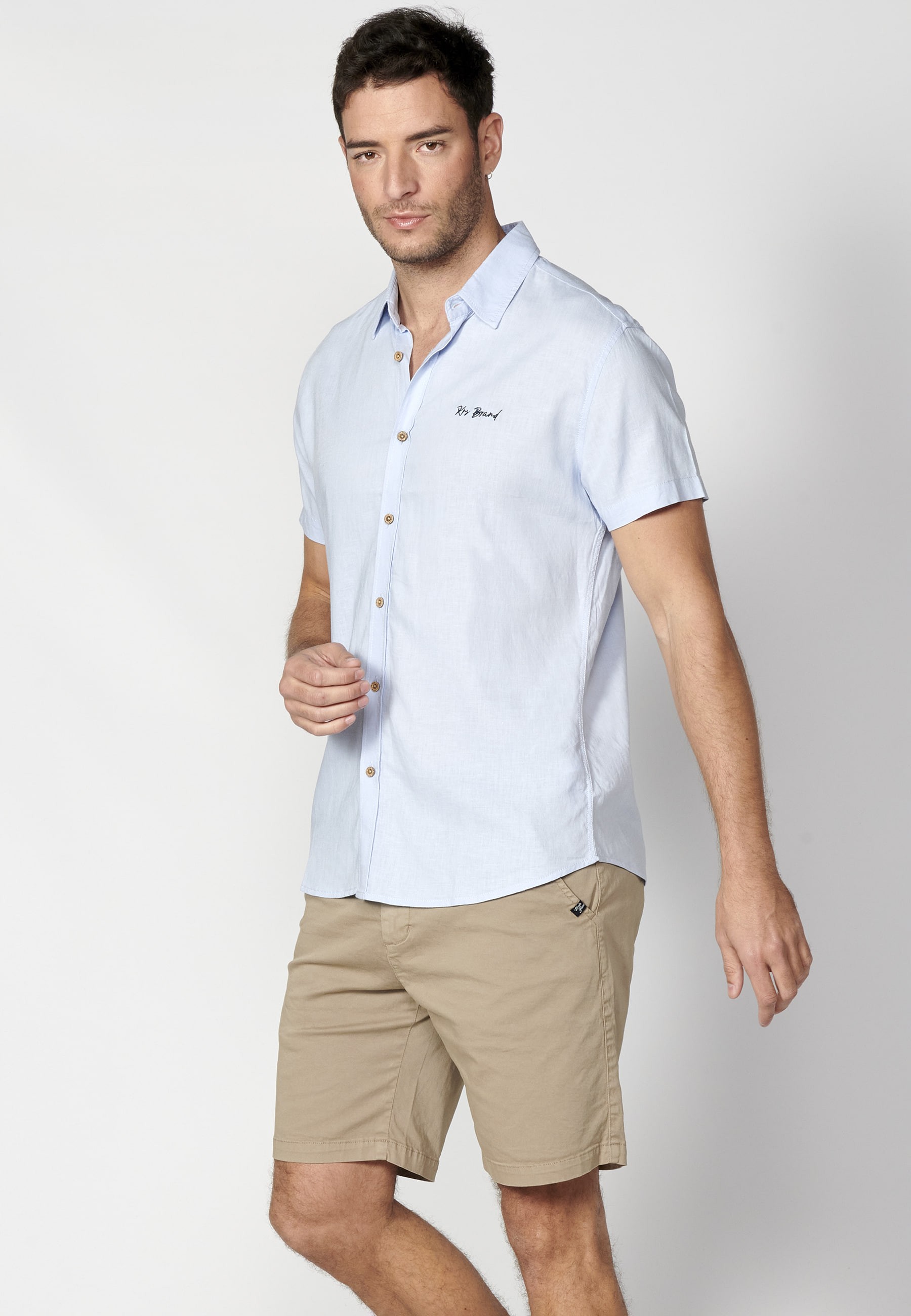 Blue linen short-sleeved shirt for Men