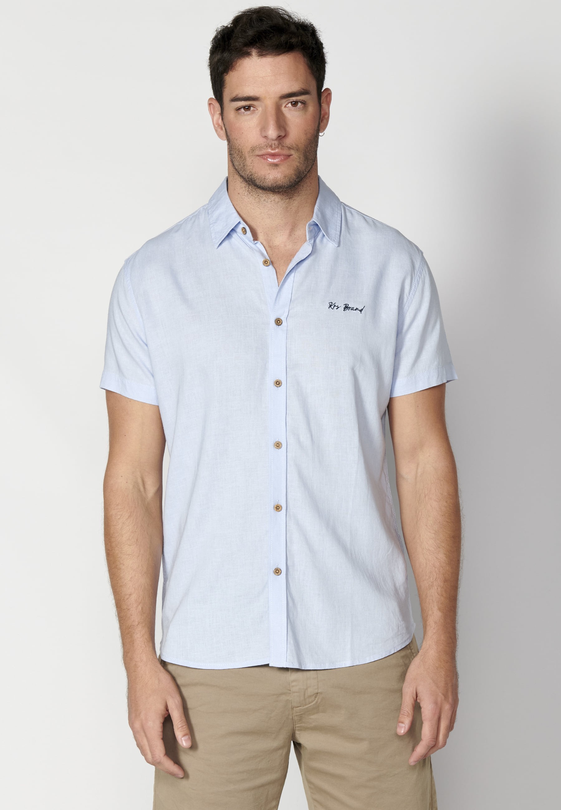 Chemise à manches courtes en lin bleu pour Homme