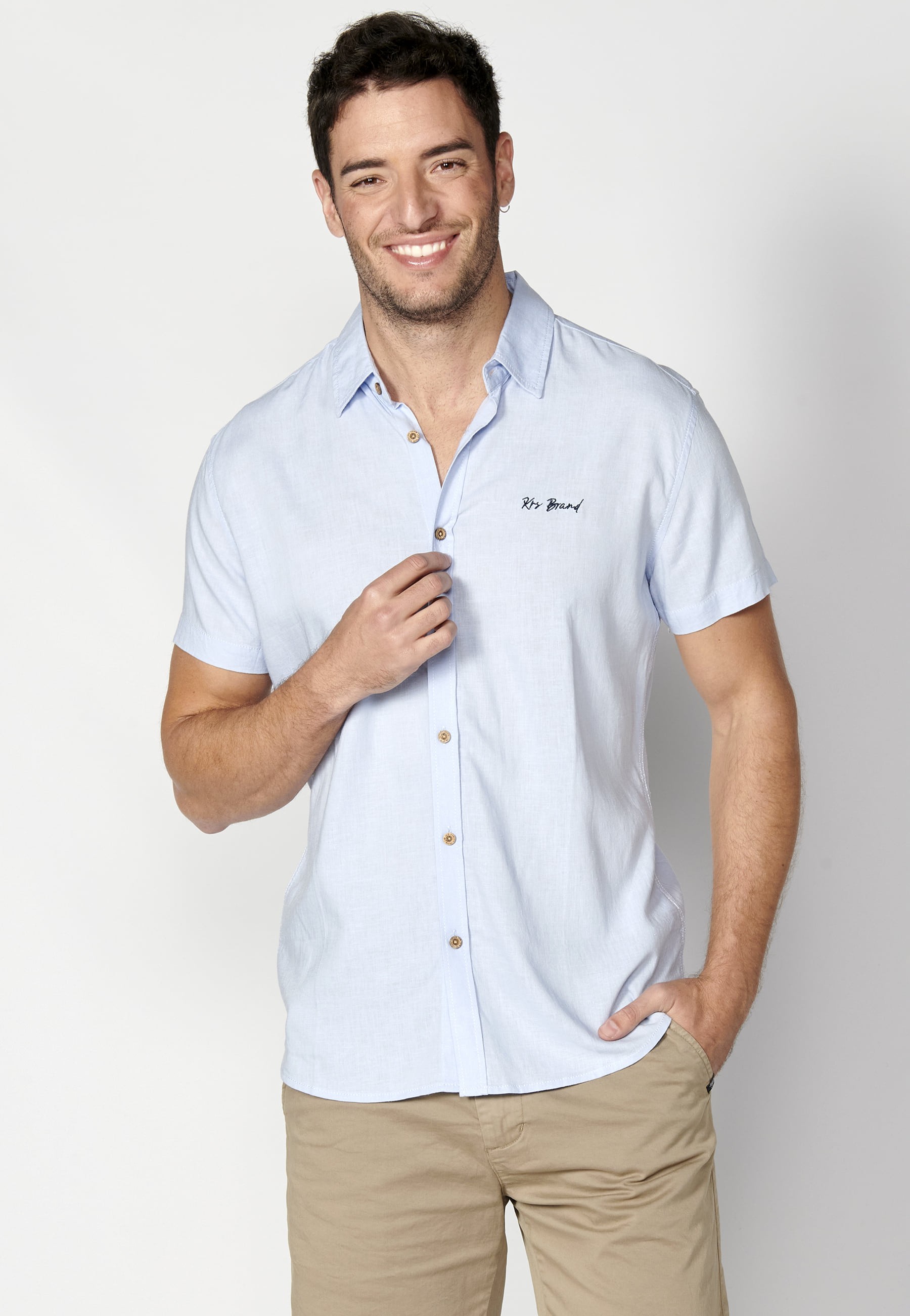 Chemise à manches courtes en lin bleu pour Homme